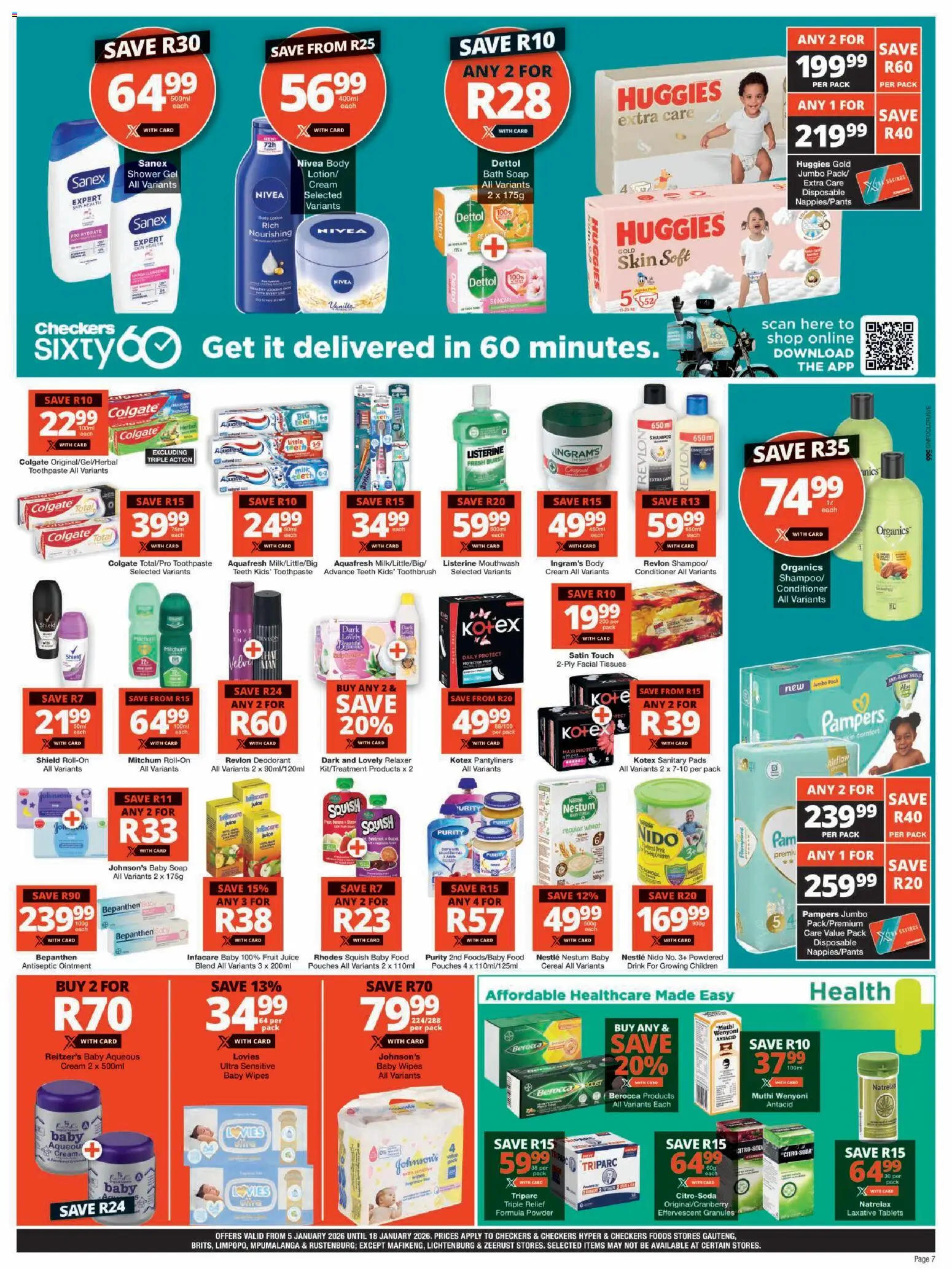 New Checkers catalogue – valid from 05.01.2026 | Page: 7 | Products: Shower, Powder, Toothpaste, Tissues