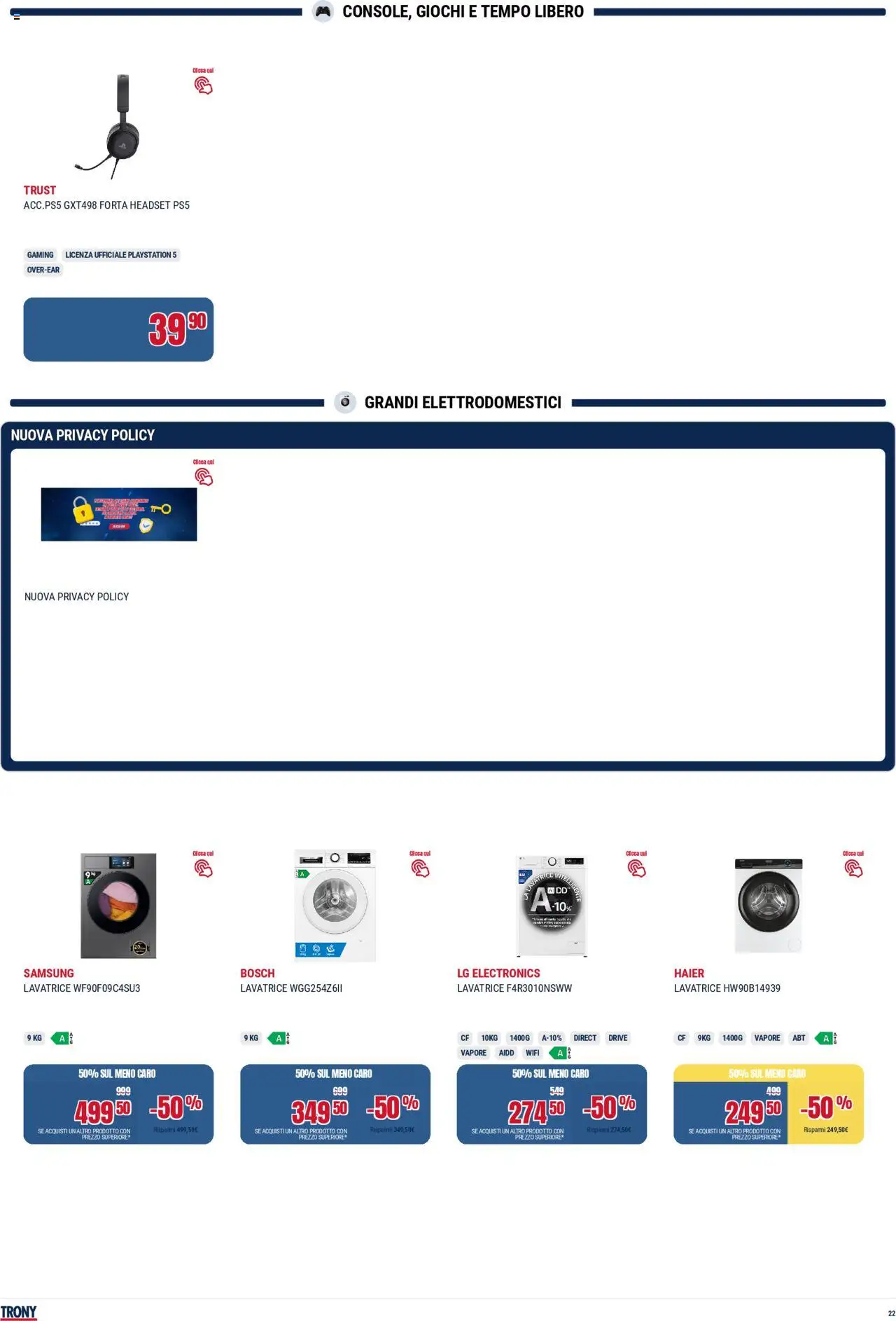 Volantino Trony del 21.08.2025 | Pagina: 22 | Prodotti: Lavatrice, Playstation, Samsung