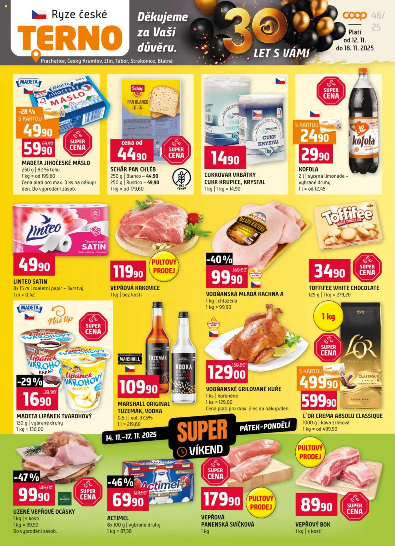 Terno leták - Blatná, Český Krumlov, Prachatice, Strakonice, Tábor, Zlín od 12.11.2025 | Strana: 1 | Produkty: Grilované kuře, Káva, Vodka, Cukr