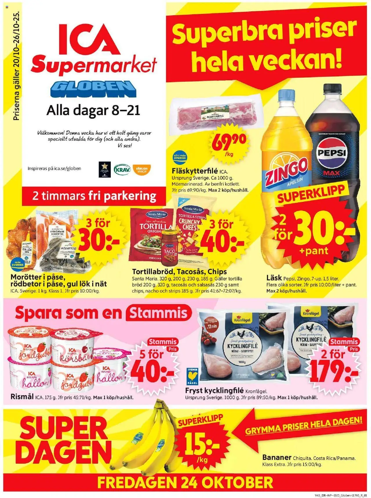 ICA Supermarket reklamblad aktuell från 20.10.2025 | Sida: 1 | Produkter: Tacosås, Gul lök, Apelsin, Hallon