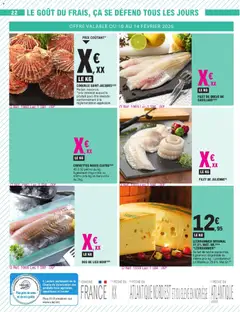 E.Leclerc - Prévisualisation de CREVETTES ROSES CUITES(1)(5), 40 à 50 pièces au kg. Egalement disponible au même prix kg en barquette de 2kg. valide à partir de 10.02.2026 | Page: 48 | Produits: Pêche, Crevettes, Lait