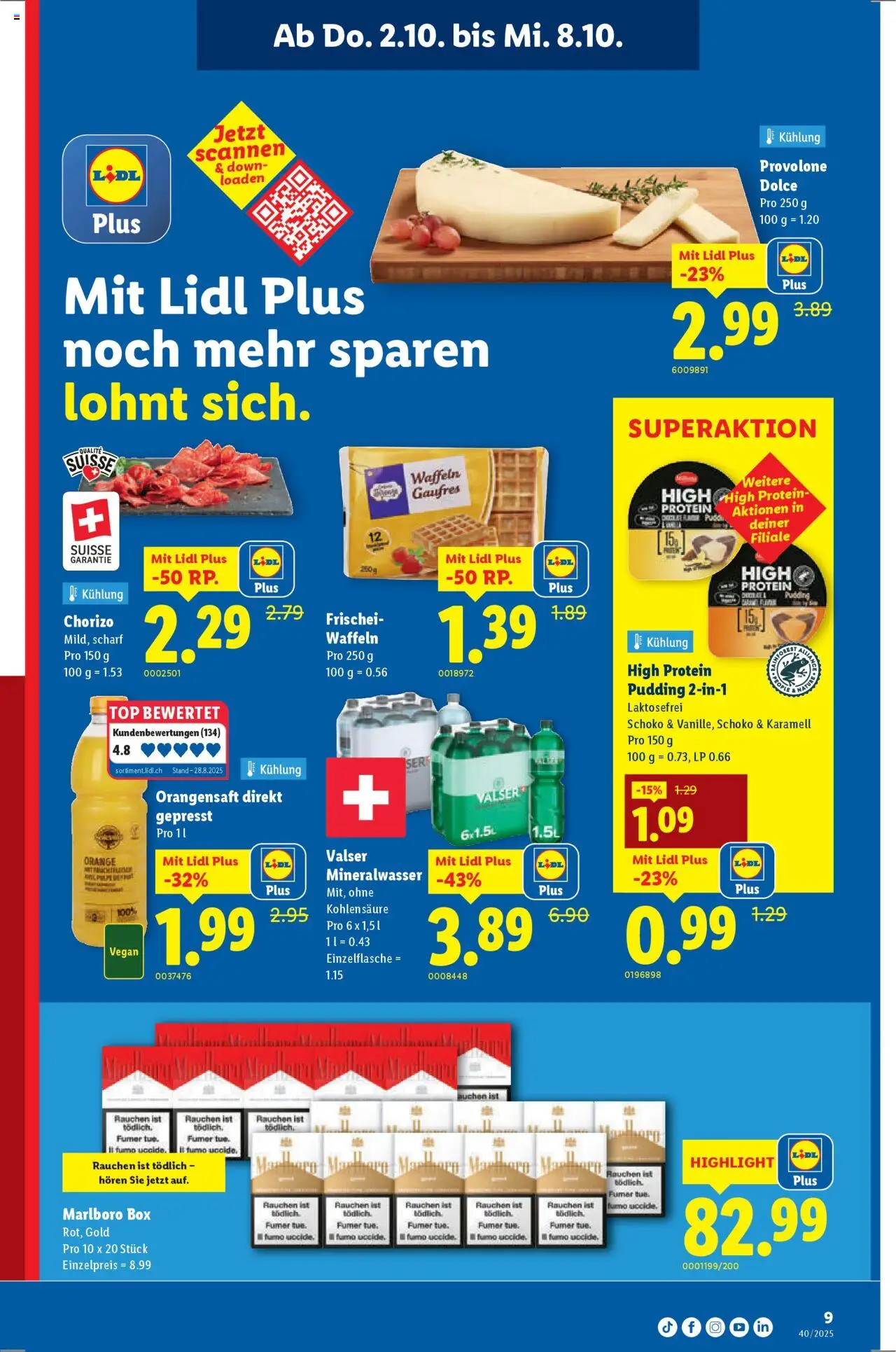 Lidl Aktionen – gültig ab 02.10.2025 | Seite: 9 | Produkte: Pudding, Orangensaft, Mineralwasser, Top
