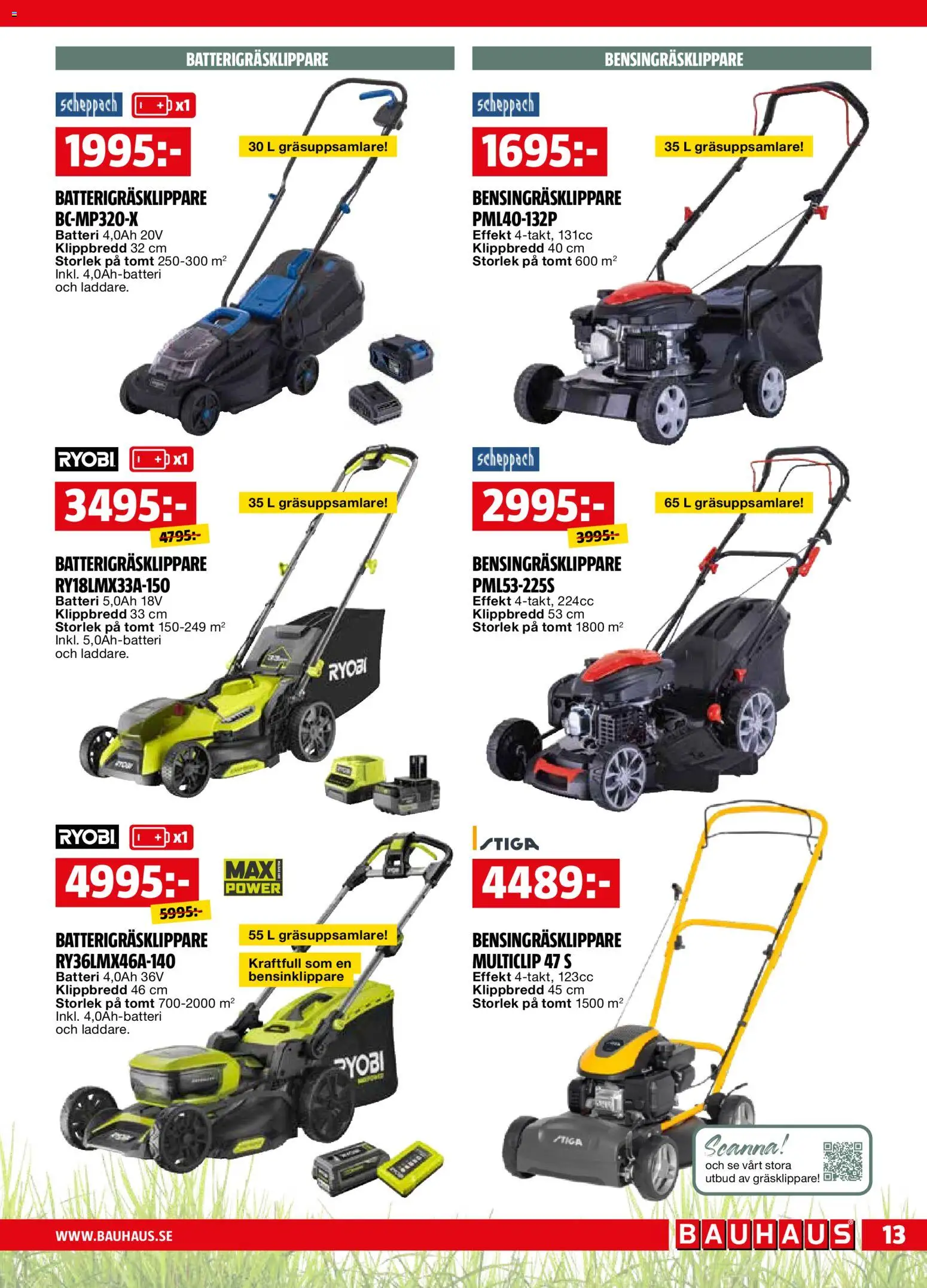 Bauhaus reklamblad aktuell från 01.04.2026 | Sida: 13 | Produkter: Gräsklippare, Batteri
