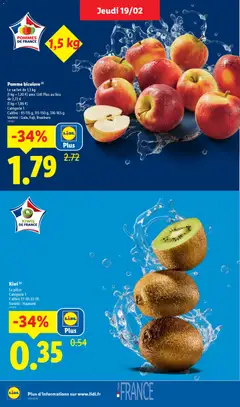 LIDL - Prévisualisation de Pomme bicolore, Le sachet de 1,5 kg, (1 kg = 1,20 €) avec Lidl Plus au lieu, de 2,72 €, (1 kg = 1,86 €), Catégorie 1, Calibre: 95-115 g, 115-150 g, 136-165 g, Variété: Gala, Fuji, Braeburn valide à partir de 19.02.2026 | Page: 4