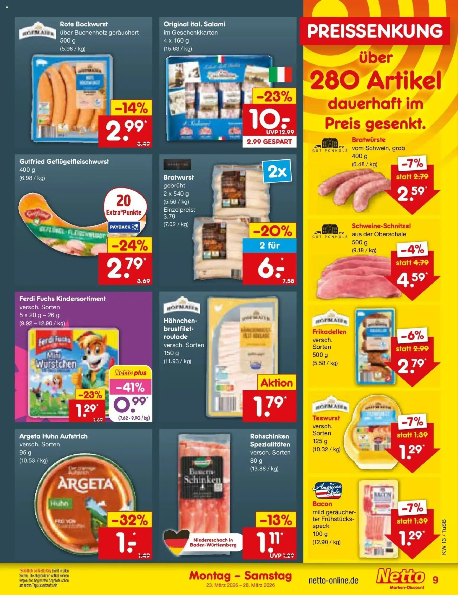 Netto Marken-Discount Prospekt Calw-Stammheim	 – gültig ab 23.03.2026 | Seite: 9 | Produkte: Bockwurst, Hahnchen, Bratwurst, Schinken