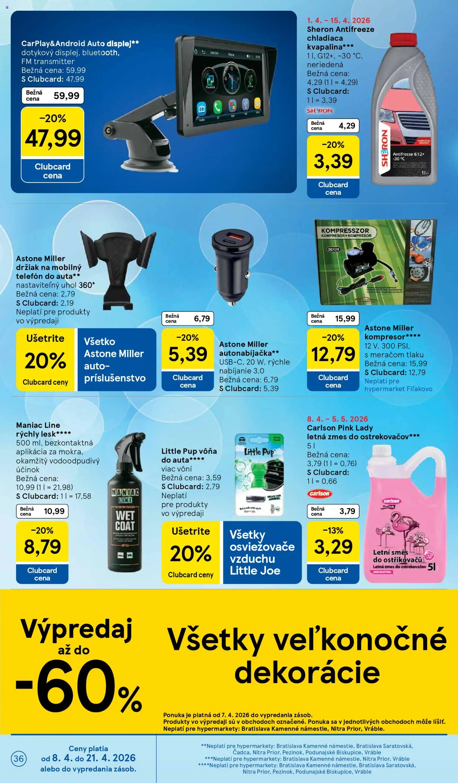 Nové Tesco akcie – leták je platný od 08.04.2026 | Strana: 36 | Produkty: Kompresor, Autonabíjačka, Telefón