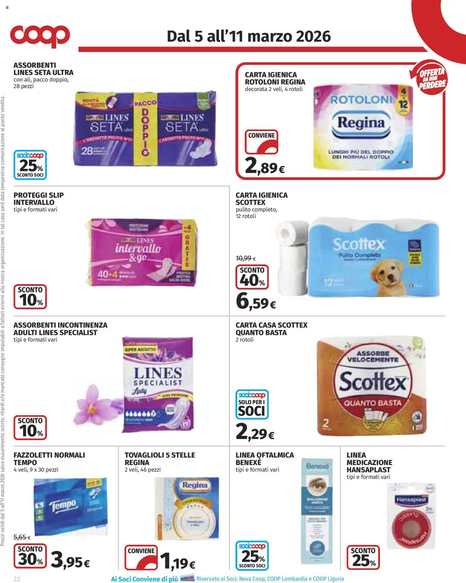 Volantino COOP del 05.03.2026 | Pagina: 22 | Prodotti: Carta igienica, Proteggi slip, Fazzoletti, Slip