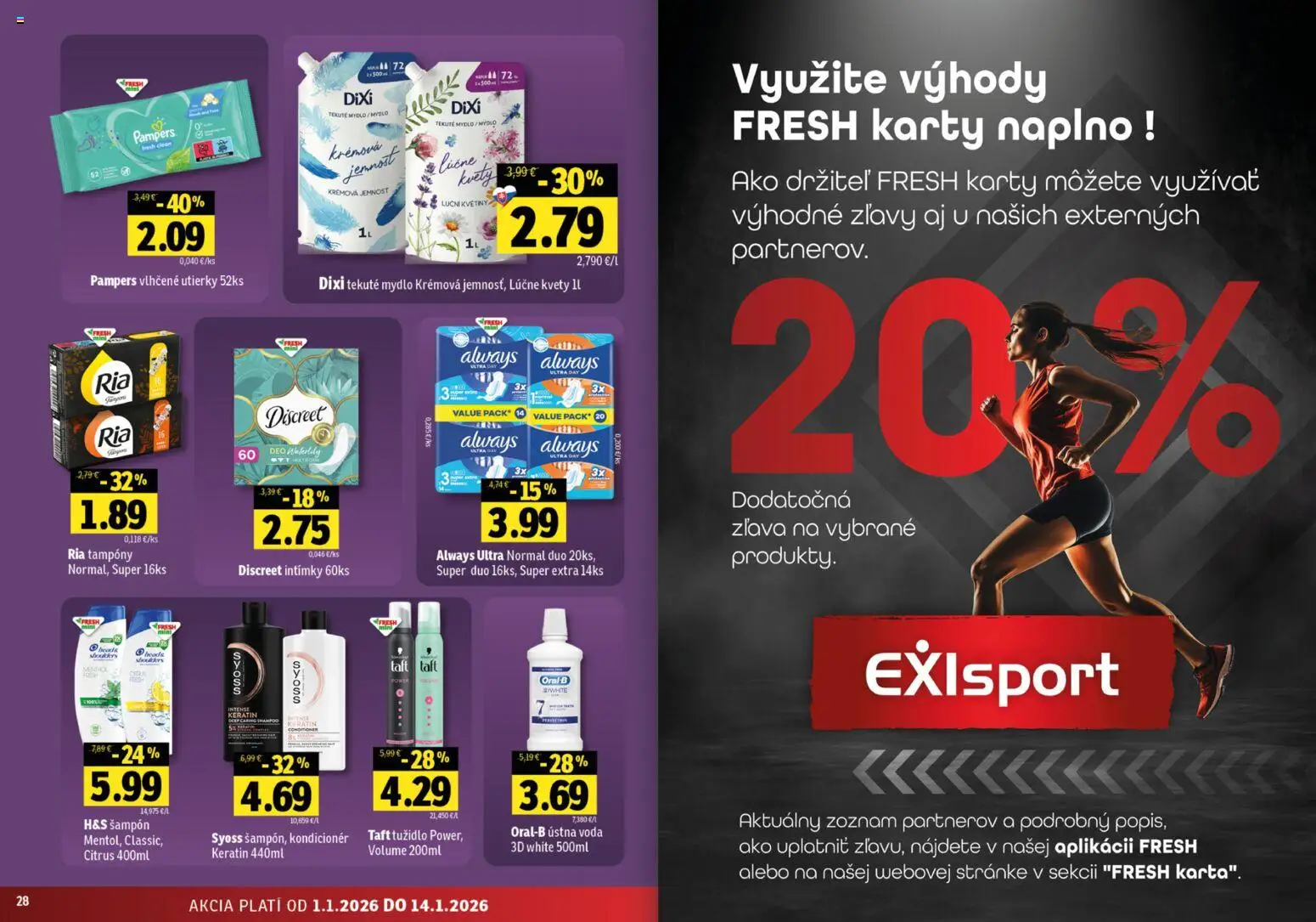 Nové Fresh akcie – leták je platný od 01.01.2026 | Strana: 15 | Produkty: Kondicionér, Ústna voda, Kvety, Pampers