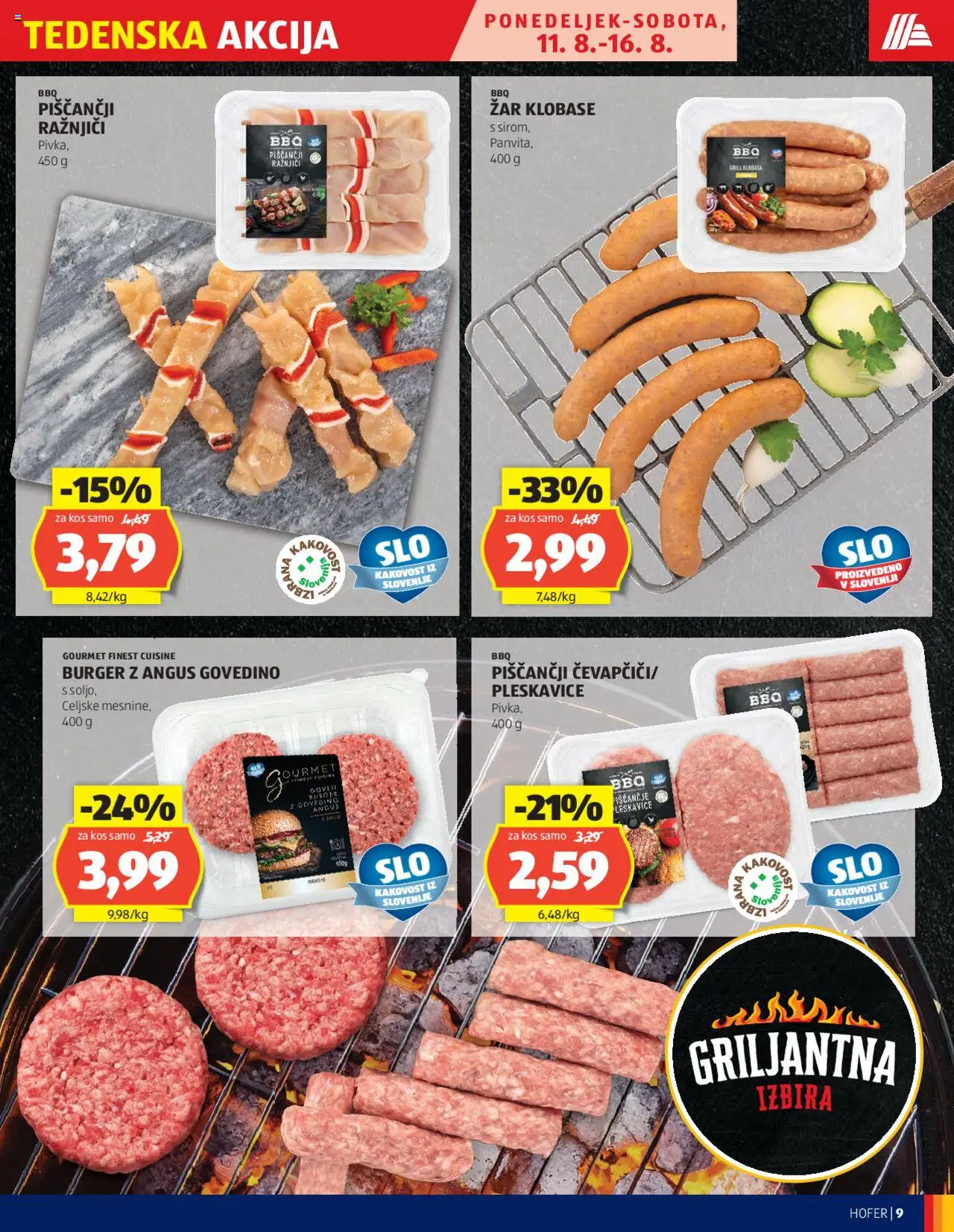 Hofer katalog │ velja od 07.08.2025 | Stran: 9 | Izdelki: Zar, Pleskavice, Grill, Klobase
