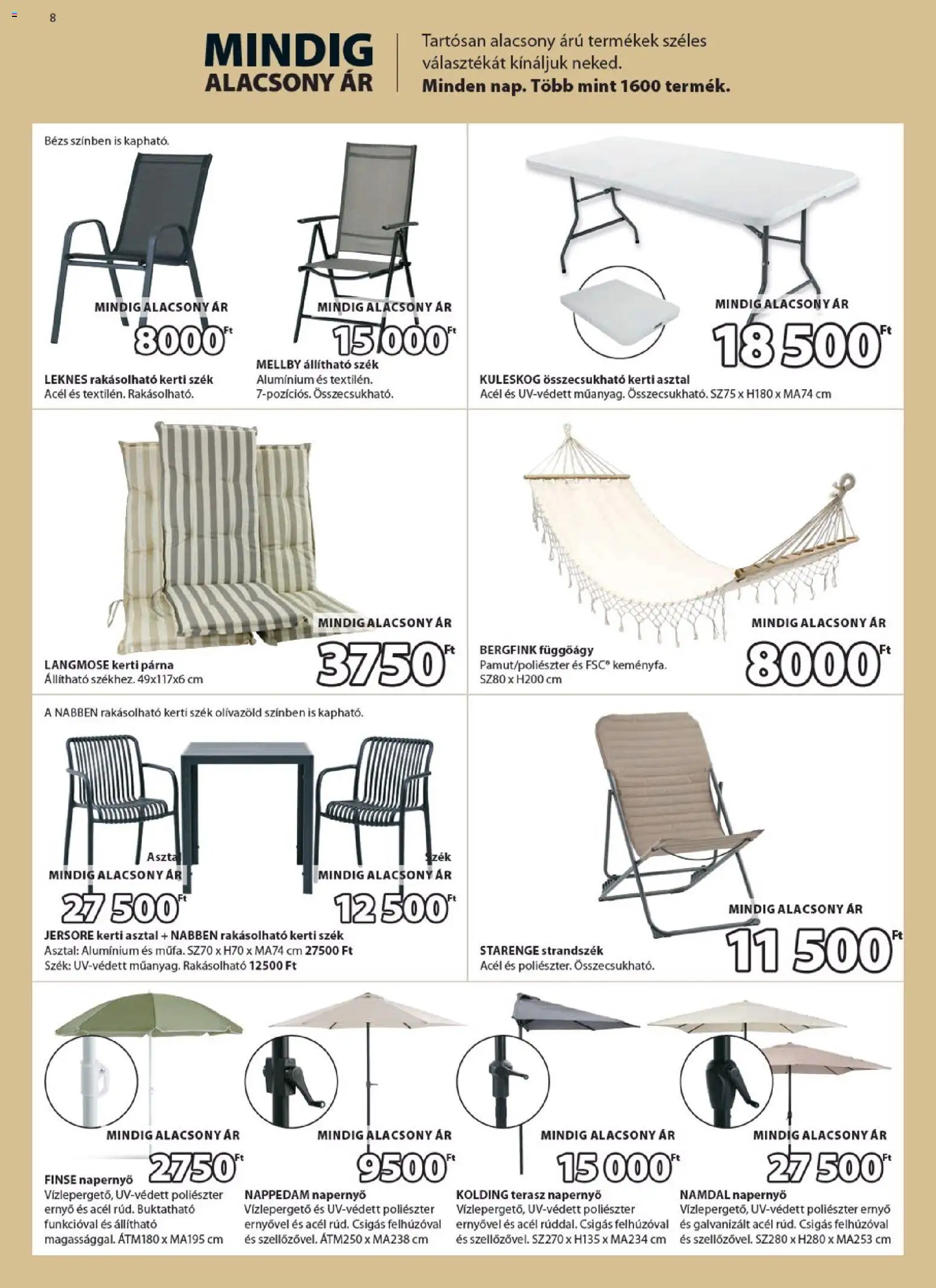 JYSK akciós ujság - amely érvényes a következő dátumtól: 08.04.2026 | Oldal: 8 | Termékek: Kerti asztal, Kerti párna, Párna, Kerti szék