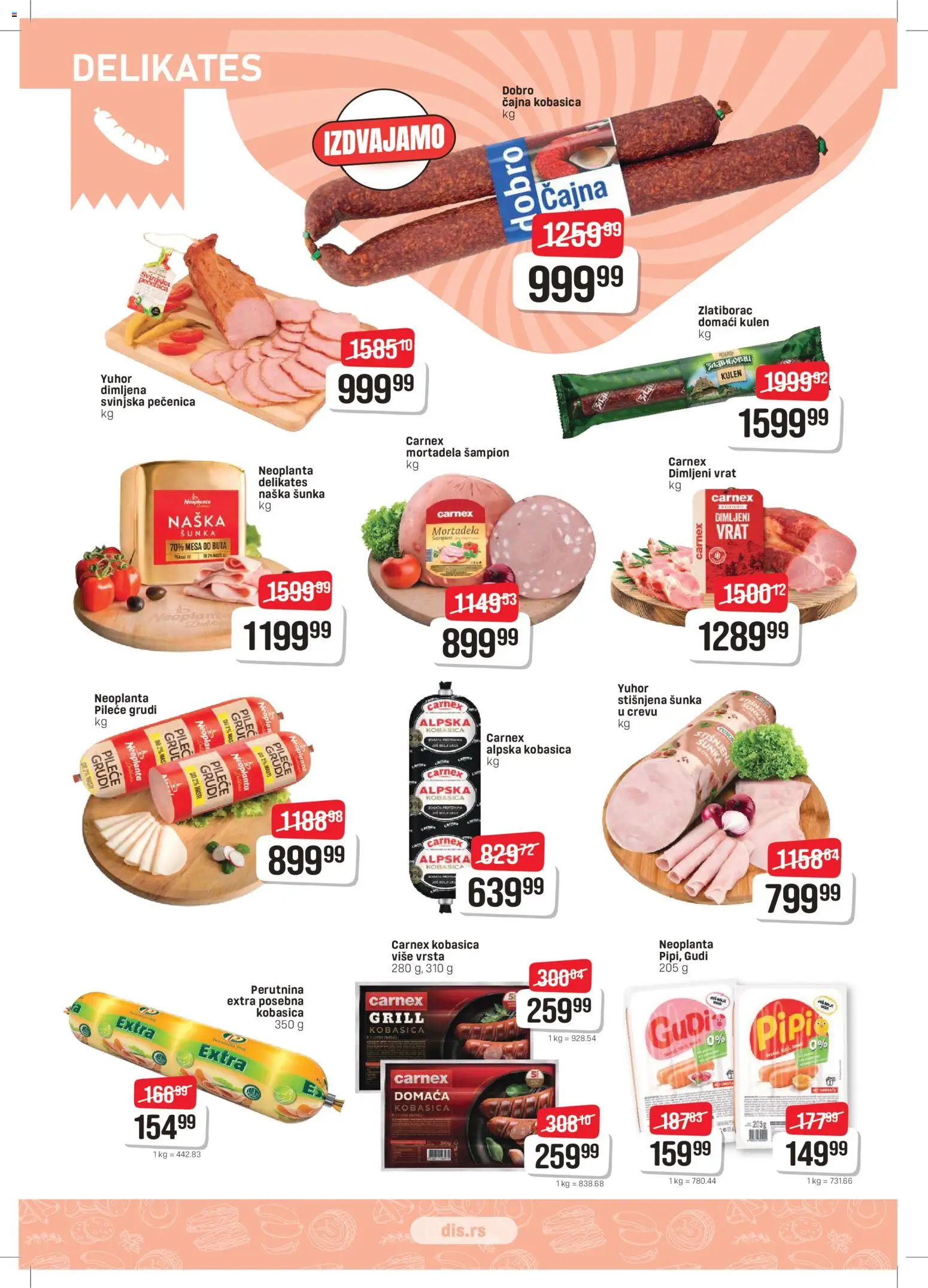 Super DIS katalog - važi od 26.03.2026 | Strana: 2 | Proizvode: Pileće grudi, Mortadela, Dimljeni vrat, Pečenica
