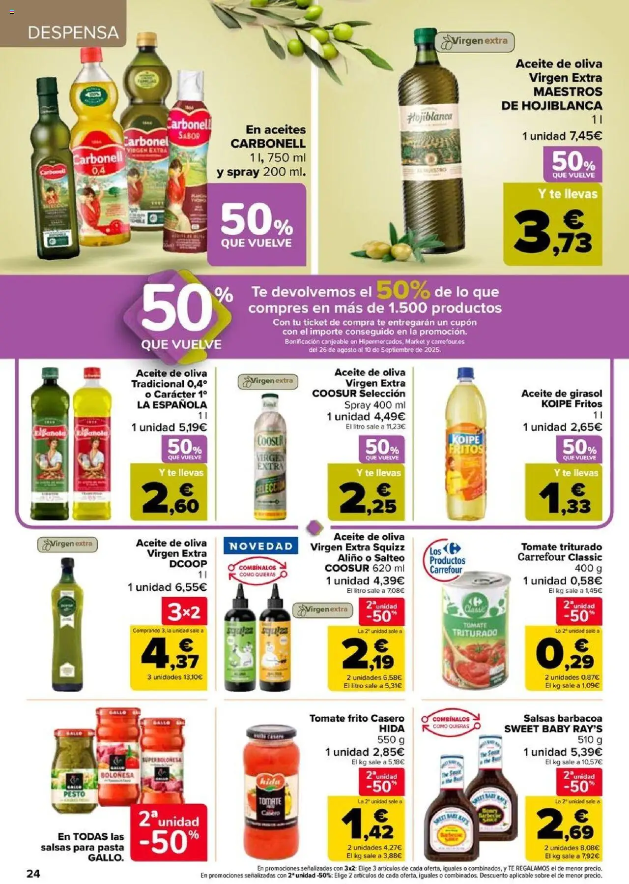 Carrefour folleto │ válido desde el 08.08.2025 | Página: 24 | Productos: Aceite de oliva, Aceite de oliva virgen extra, Barbacoa, Tomate triturado