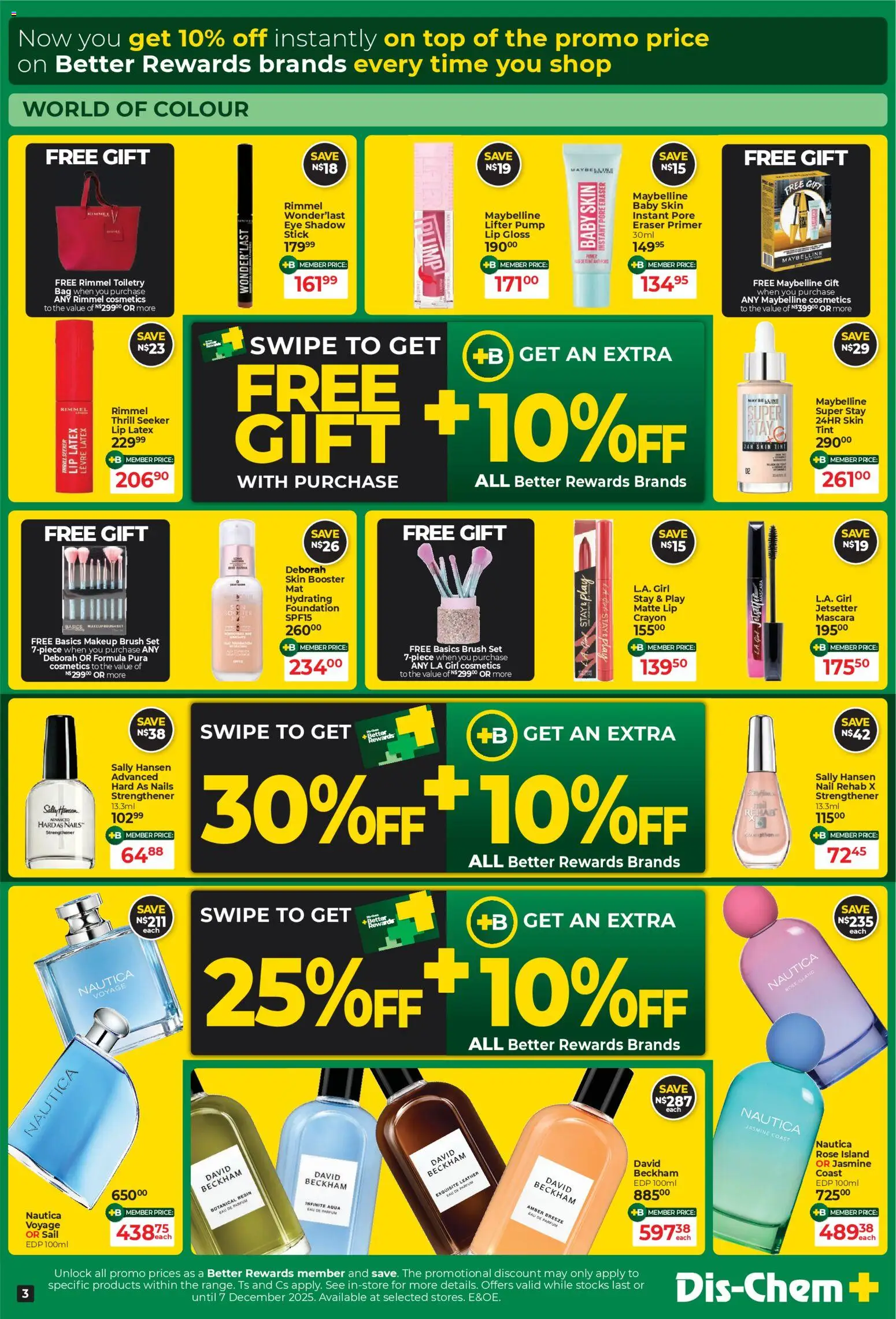 New Dis-Chem catalogue – valid from 24.11.2025 | Page: 3 | Products: Primer, Gloss, Foundation, Eye shadow