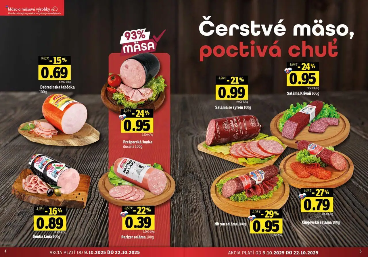 Nové Fresh akcie – leták je platný od 09.10.2025 | Strana: 3 | Produkty: Saláma, Šunka, Šalát