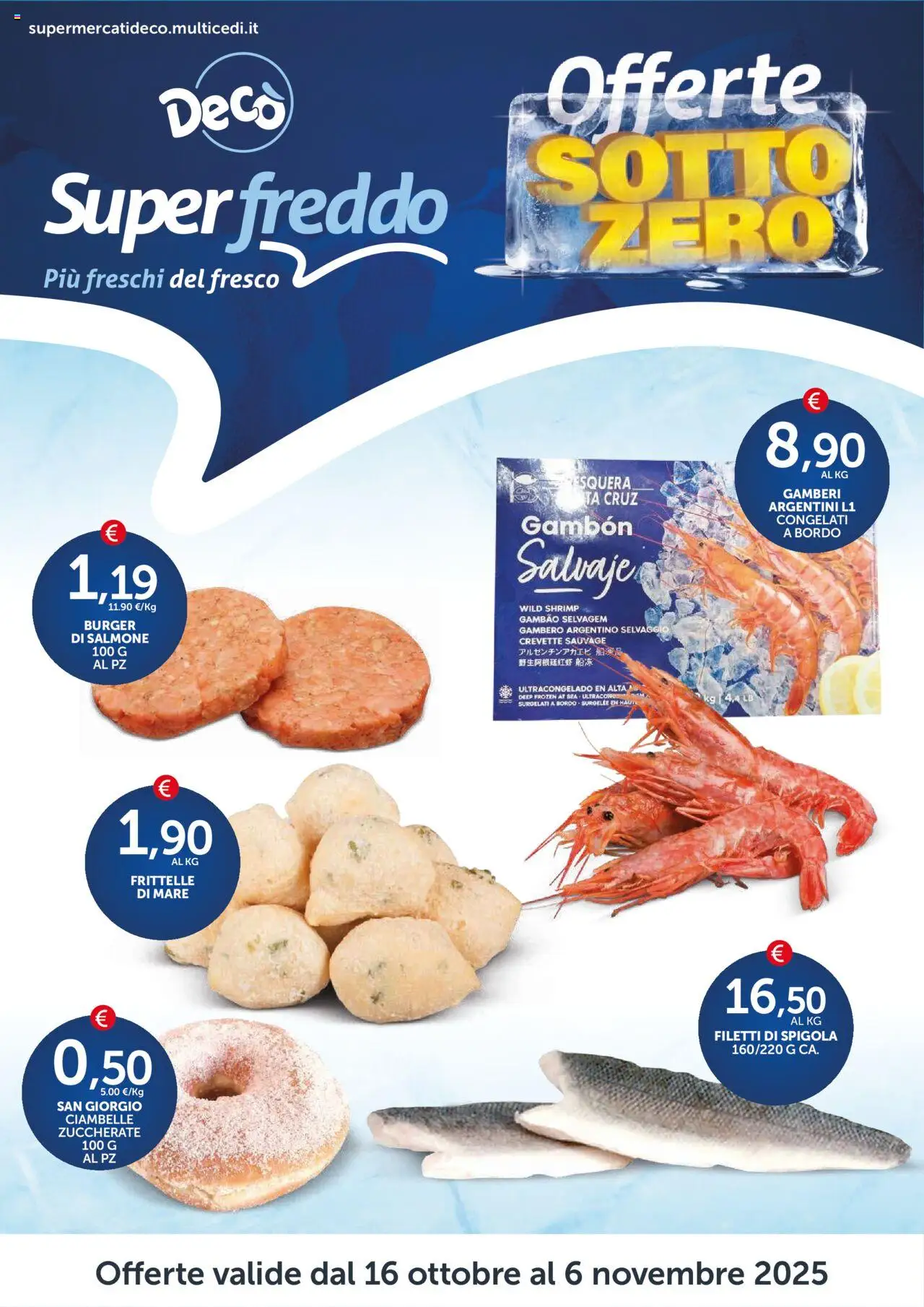 Volantino Decò del 16.10.2025 | Pagina: 1 | Prodotti: Ciambelle, Salmone, Gamberi, Spigola