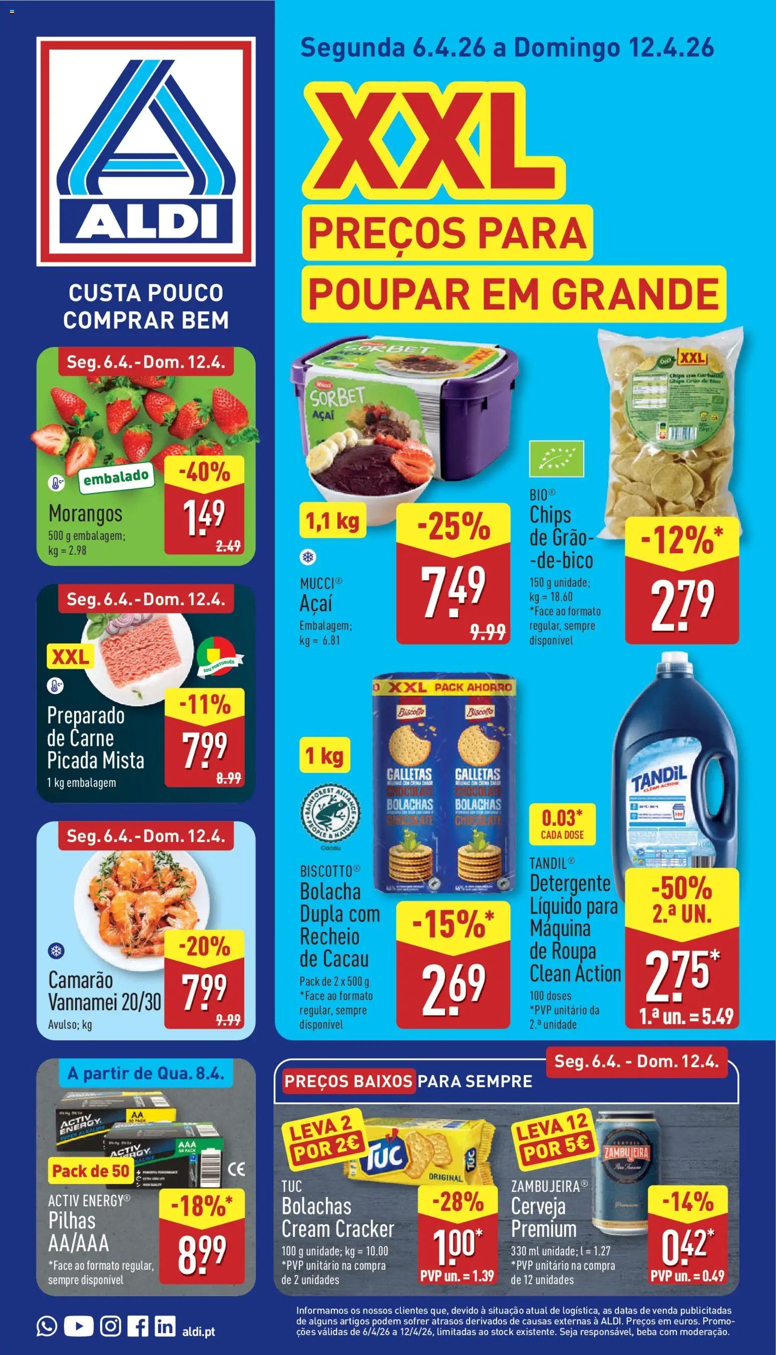 Aldi folheto │ válido de 06.04.2026 | Página: 1 | Produtos: Açai, Camarão, Carne picada, Pilhas