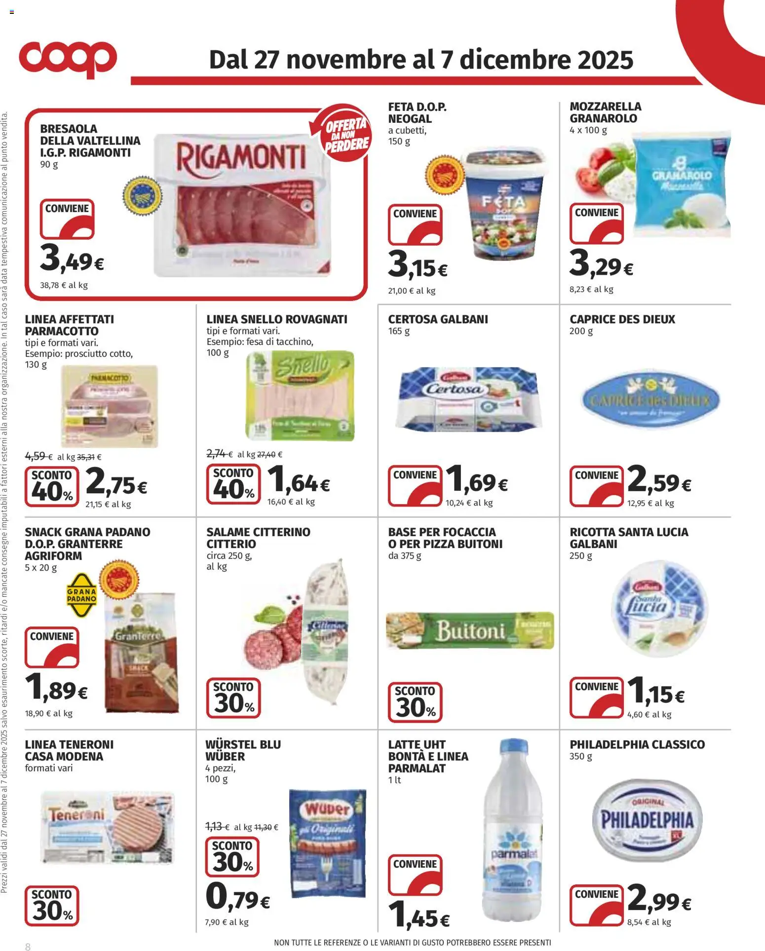 Volantino COOP del 27.11.2025 | Pagina: 8 | Prodotti: Bresaola, Focaccia, Wurstel, Grana Padano