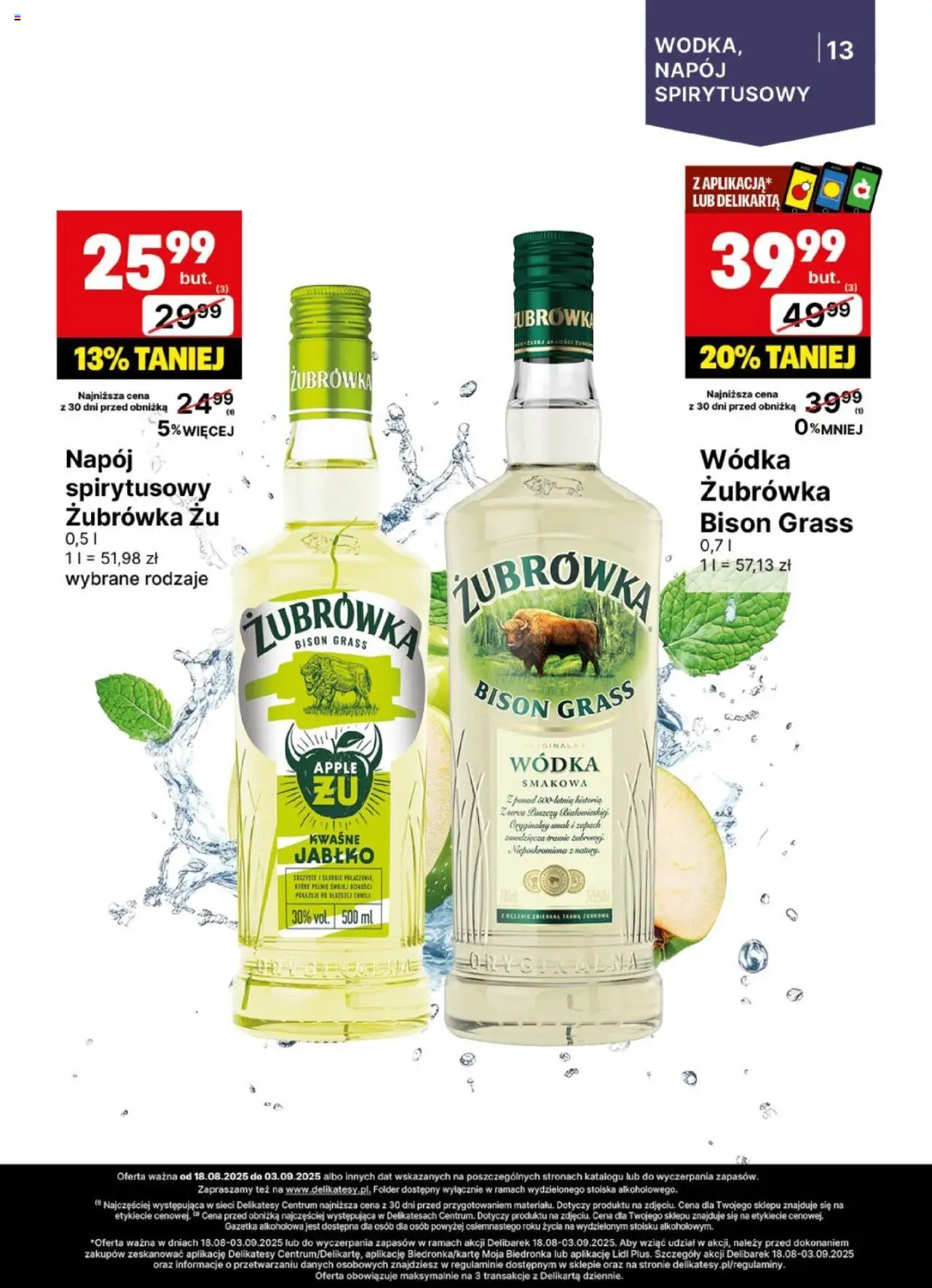 Delikatesy Centrum Gazetka - DeliBarek od 18.08.2025 | Strona: 13 | Produkty: Delikatesy, Żubrówka, Zapach, Wódka