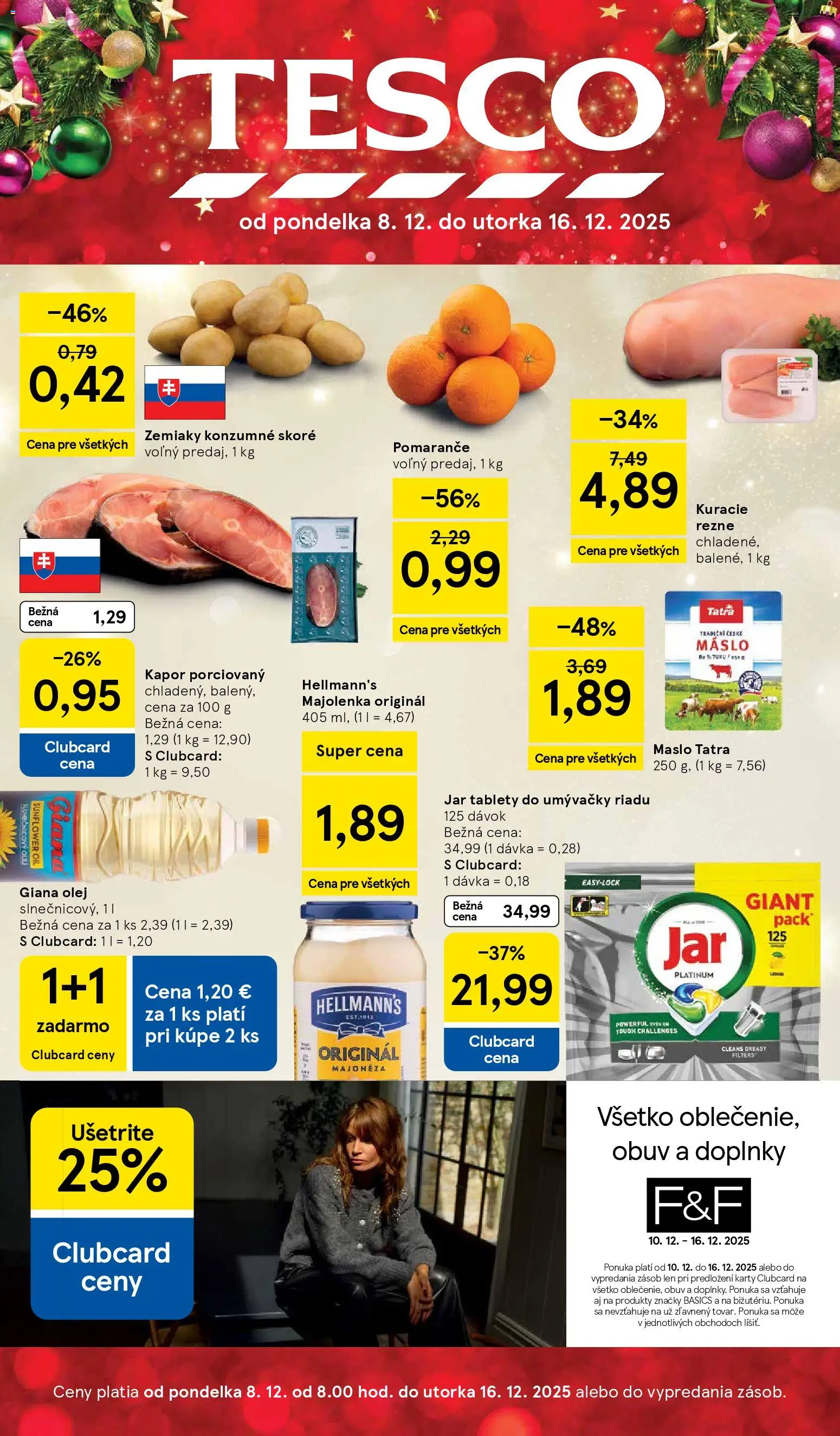 Nové Tesco akcie – leták je platný od 08.12.2025 | Strana: 1 | Produkty: Maslo, Olej, Pomaranče, Tablety do umývačky riadu