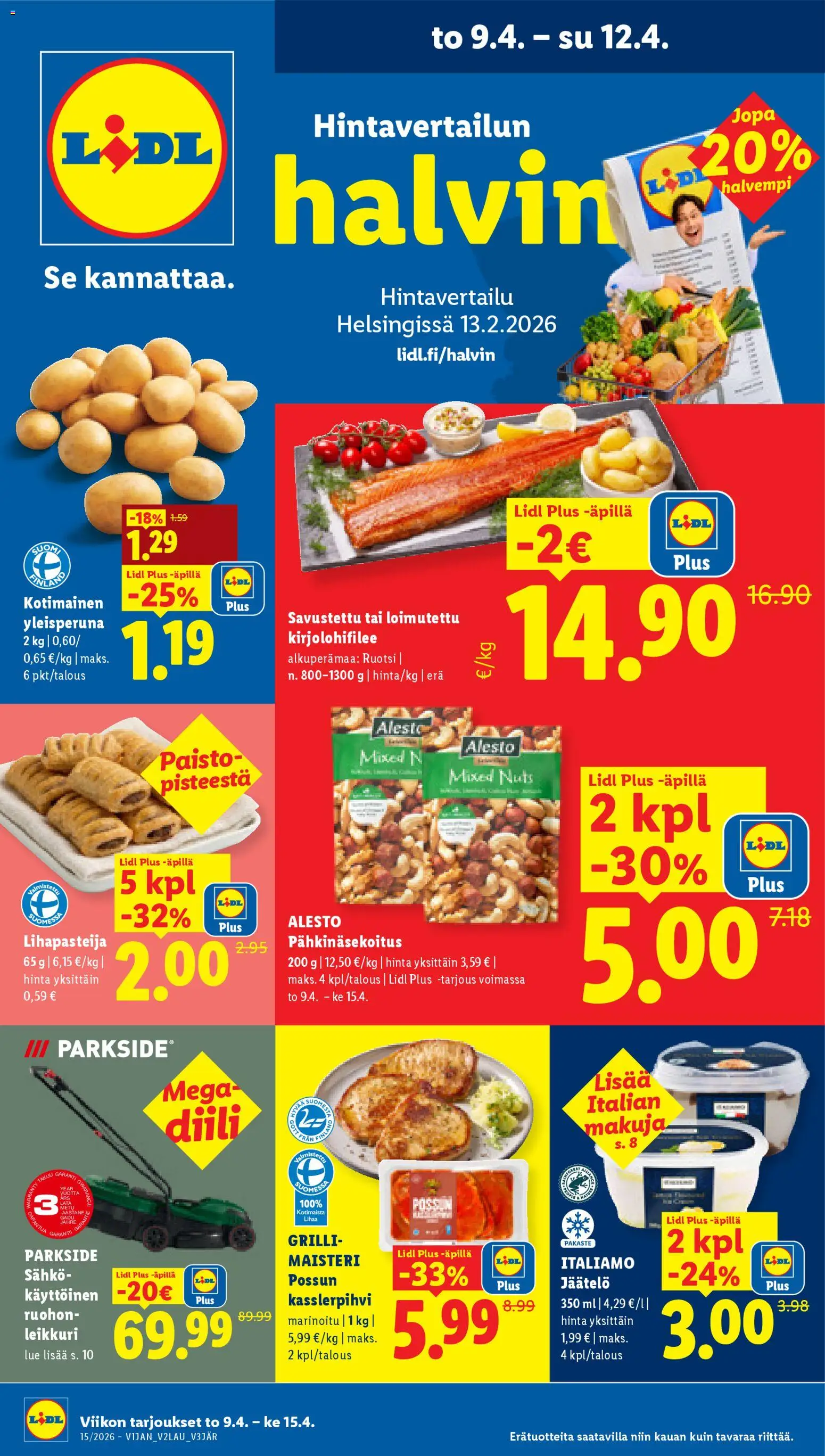 Lidl tarjoukset – voimassa 09.04.2026 alkaen | Sivu: 1 | Tuotteet: Leikkuri, Grilli, Jäätelö