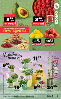 Pogląd oferty "Netto gazetka od poniedziałku spożywcza" - ważna od 23.03.2026 | Strona: 9 | Produkty: Nektarynka, Malina, Siatka, Orzechy