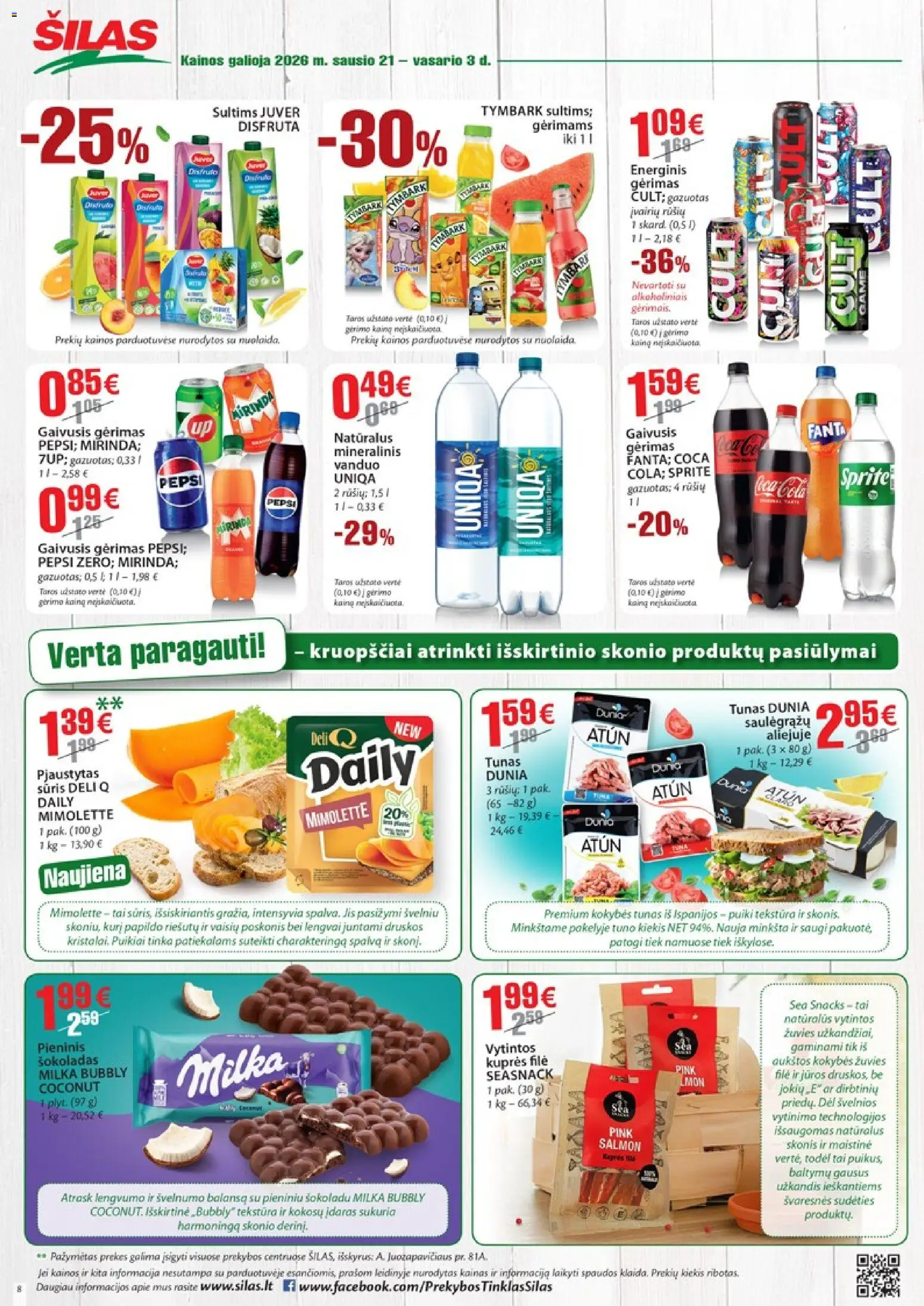 Šilas akcijos nuo 21.01.2026 | Puslapis: 8 | Prekių: Gaivusis gėrimas, Energinis gėrimas, Sūris, Šokoladas