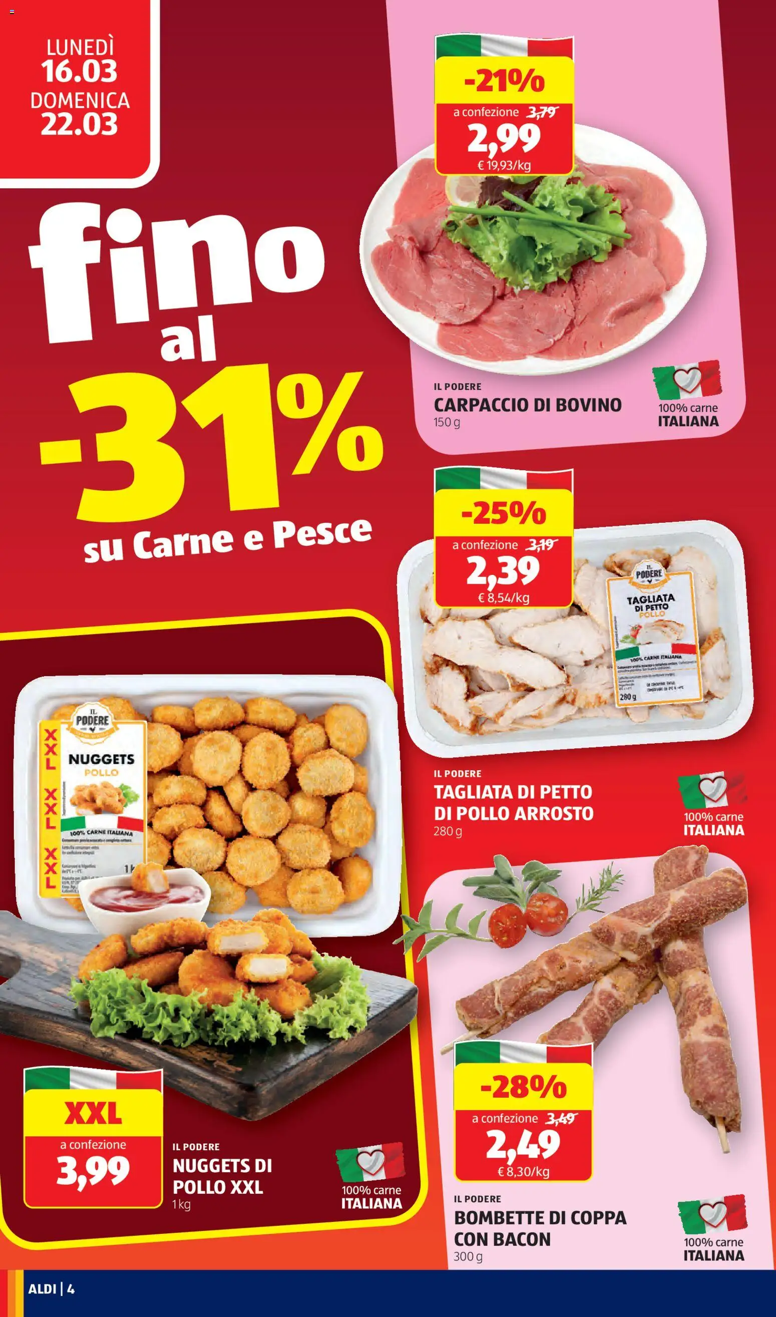 Volantino Aldi del 16.03.2026 | Pagina: 4 | Prodotti: Bovino, Petto di Pollo, Arrosto, Nuggets