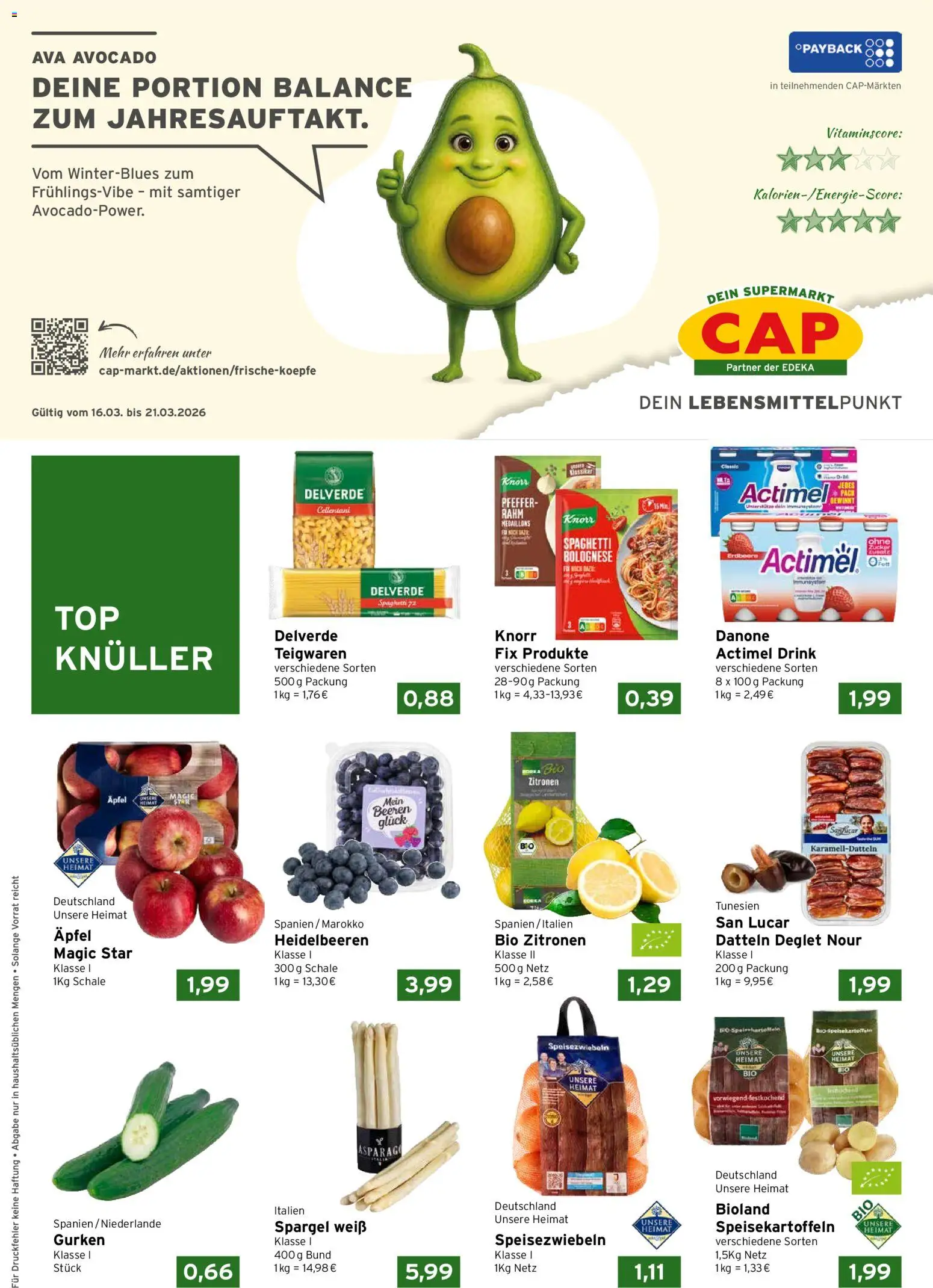 CAP Markt Prospekt – gültig ab 16.03.2026 | Seite: 1 | Produkte: Äpfel, Knorr, Avocado, Pfeffer