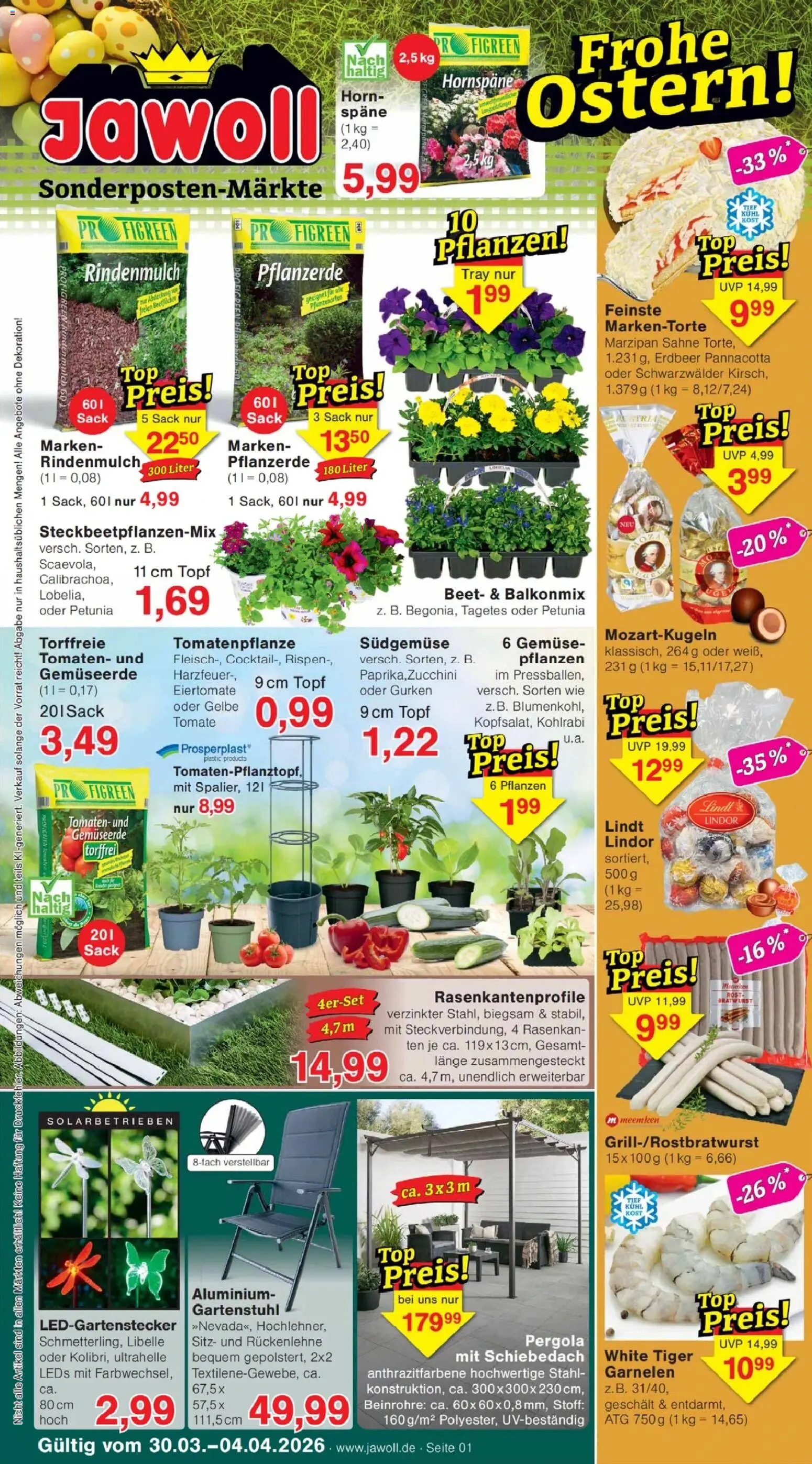 Jawoll Prospekt – gültig ab 30.03.2026 | Seite: 1 | Produkte: Rindenmulch, Pflanzerde, Tomaten, Gemüse