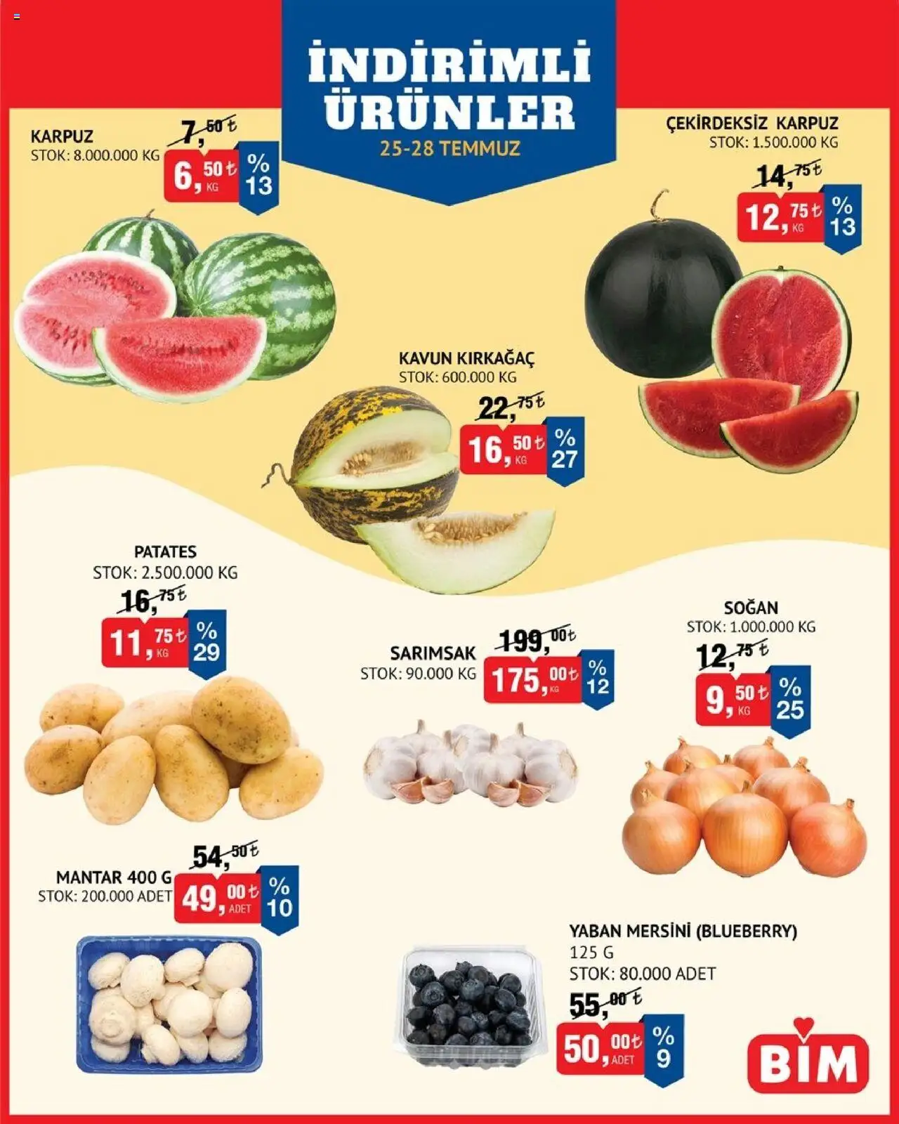 BİM - Meyve-Sebze, Meyve Sebze - 25.07.2025 tarihinden itibaren geçerlidir | Sayfa: 1 | Ürünler: Patates, Sarımsak, Yaban mersini, Mantar