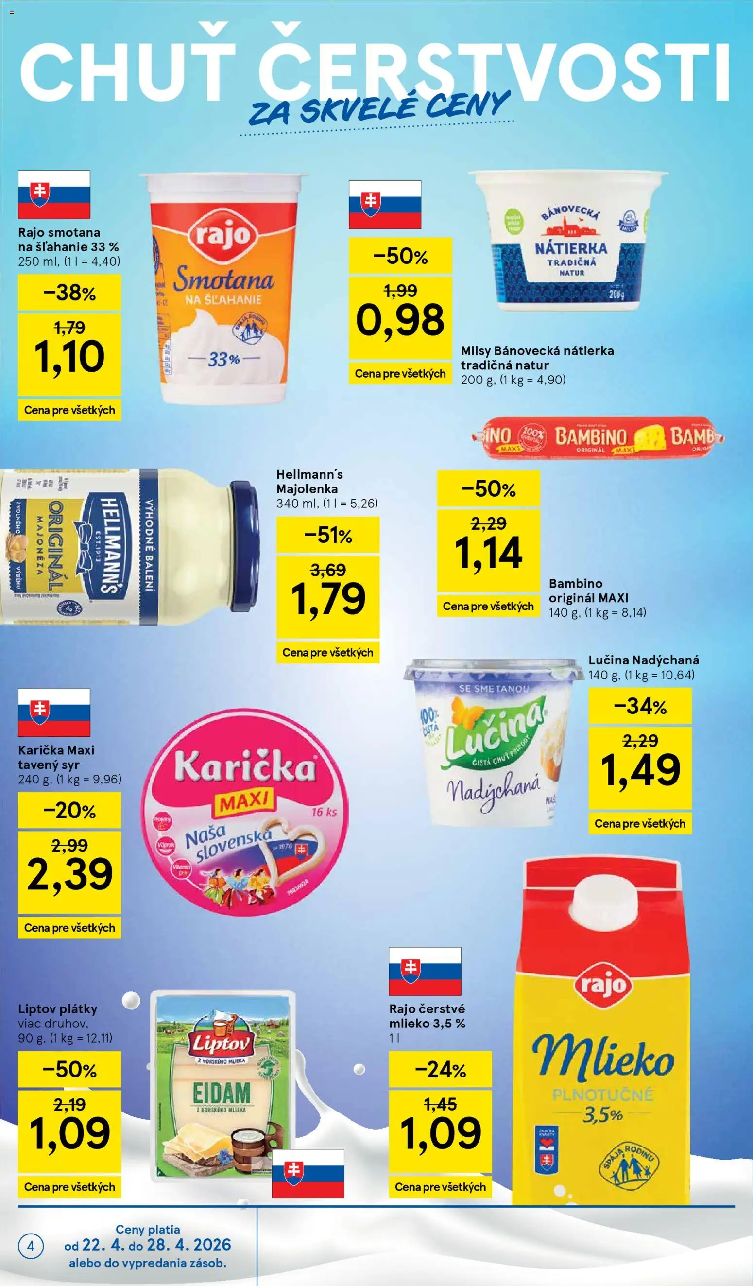 Nové Tesco akcie – leták je platný od 22.04.2026 | Strana: 4 | Produkty: Mlieko, Smotana, Eidam, Smotana na šľahanie