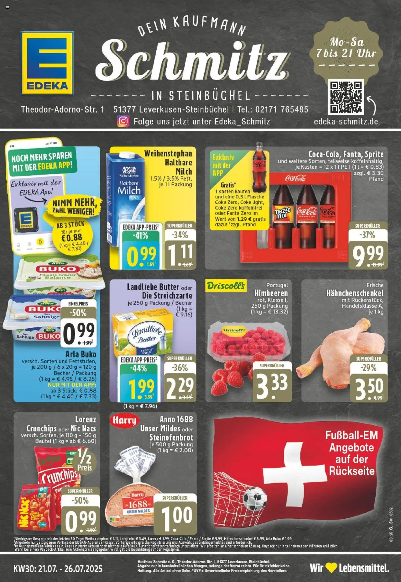 Edeka prospekt Leverkusen	 - gültig ab dem 20.07.2025 | Seite: 1 | Produkte: Himbeeren, Cola, Landliebe butter, Lorenz crunchips