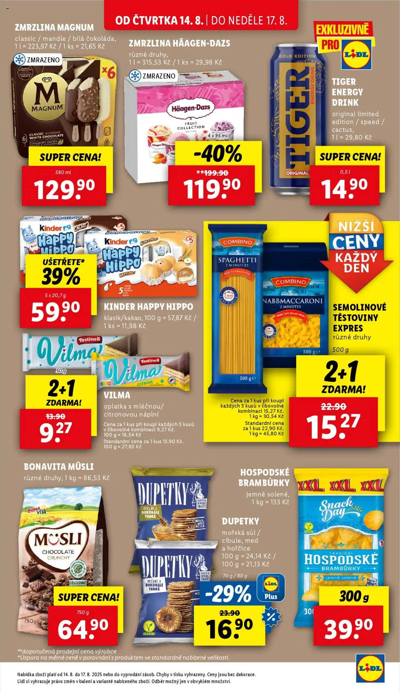 Lidl leták od 14.08.2025 | Strana: 15 | Produkty: Tiger energy, Tiger, Zmrzlina, Semolinové těstoviny