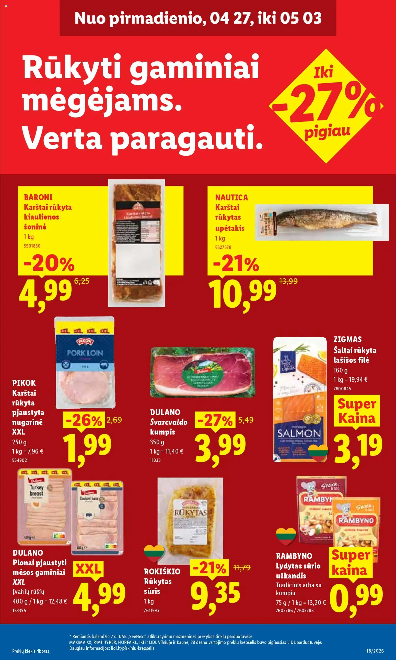 LIDL akcijos nuo 27.04.2026 | Puslapis: 15 | Prekių: Kiaulienos, Sūris, Lašišos, Kumpis