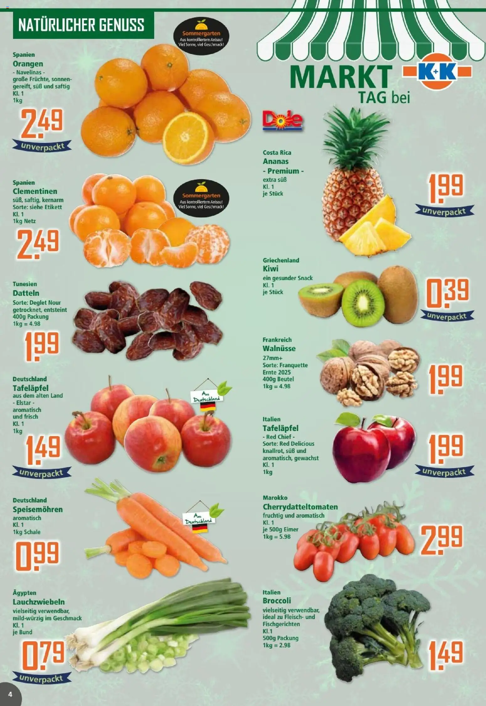 Klaas & Kock Prospekt – gültig ab 01.12.2025 | Seite: 4 | Produkte: Orangen, Ananas, Kiwi, Fleisch