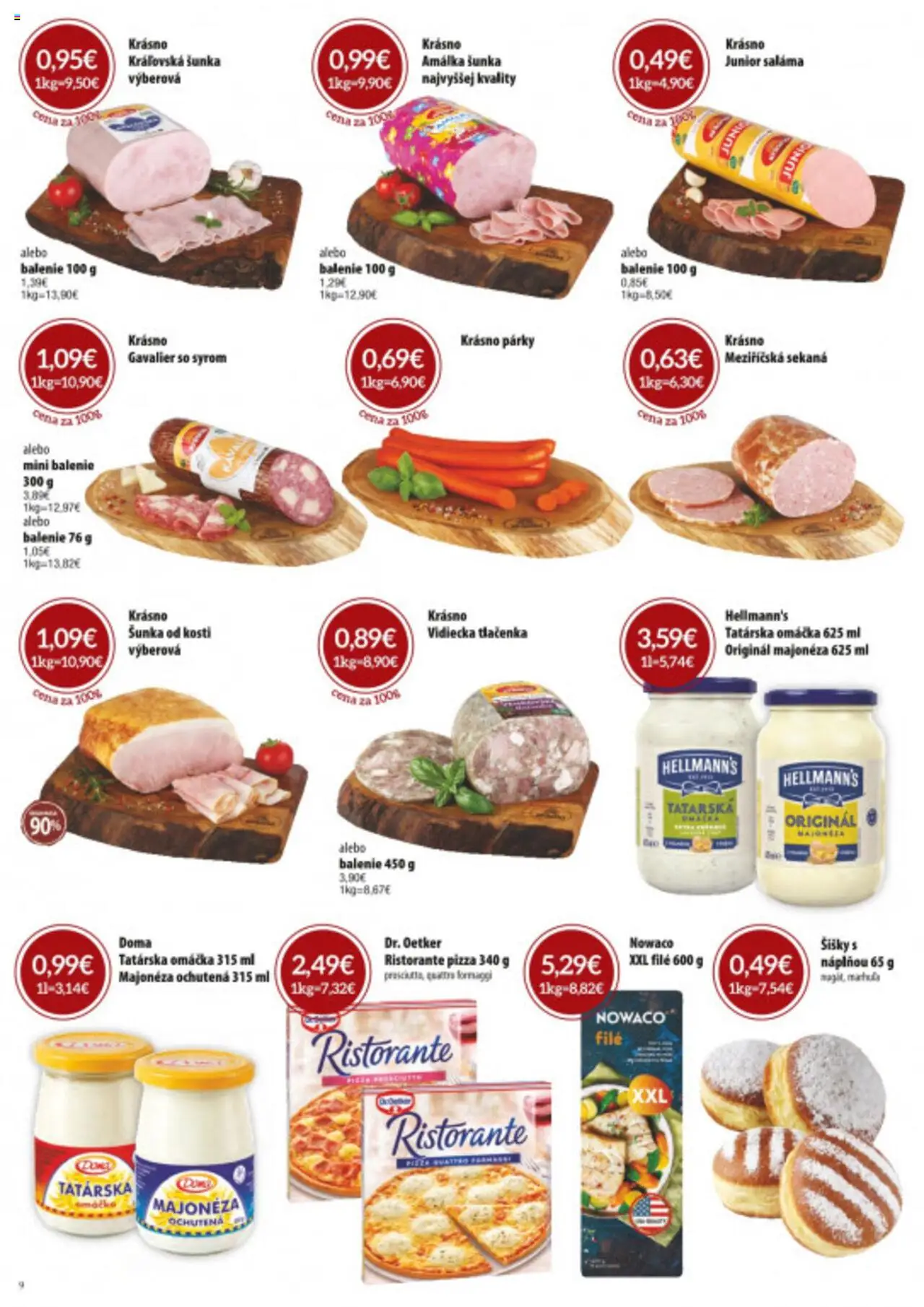 Nové CBA Verex akcie – leták je platný od 02.10.2025 | Strana: 9 | Produkty: Saláma, Pizza, Omáčka, Párky