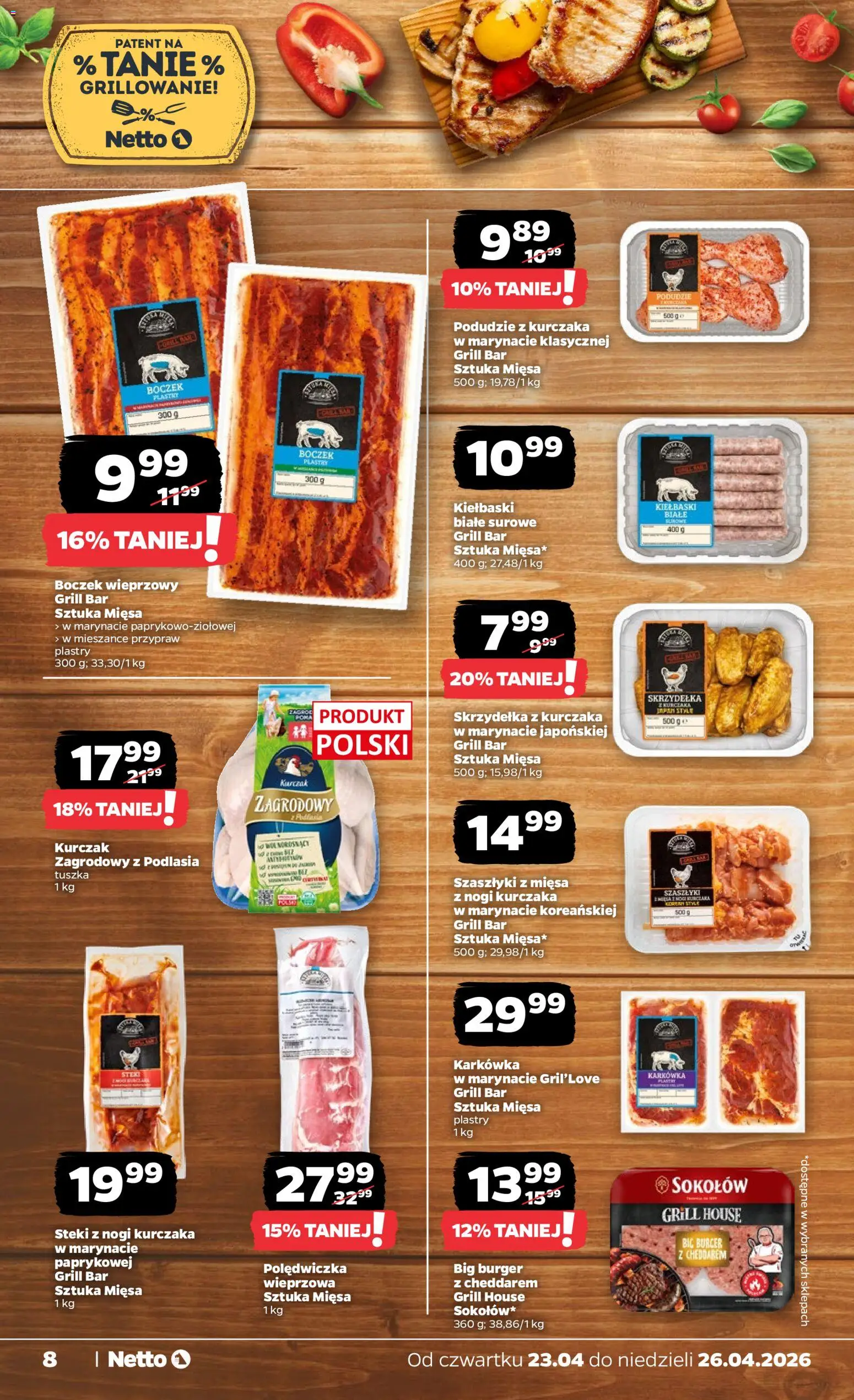 Netto gazetka od czwartku spożywcza od 23.04.2026 | Strona: 8 | Produkty: Karkówka, Steki, Kiełbaski, Boczek