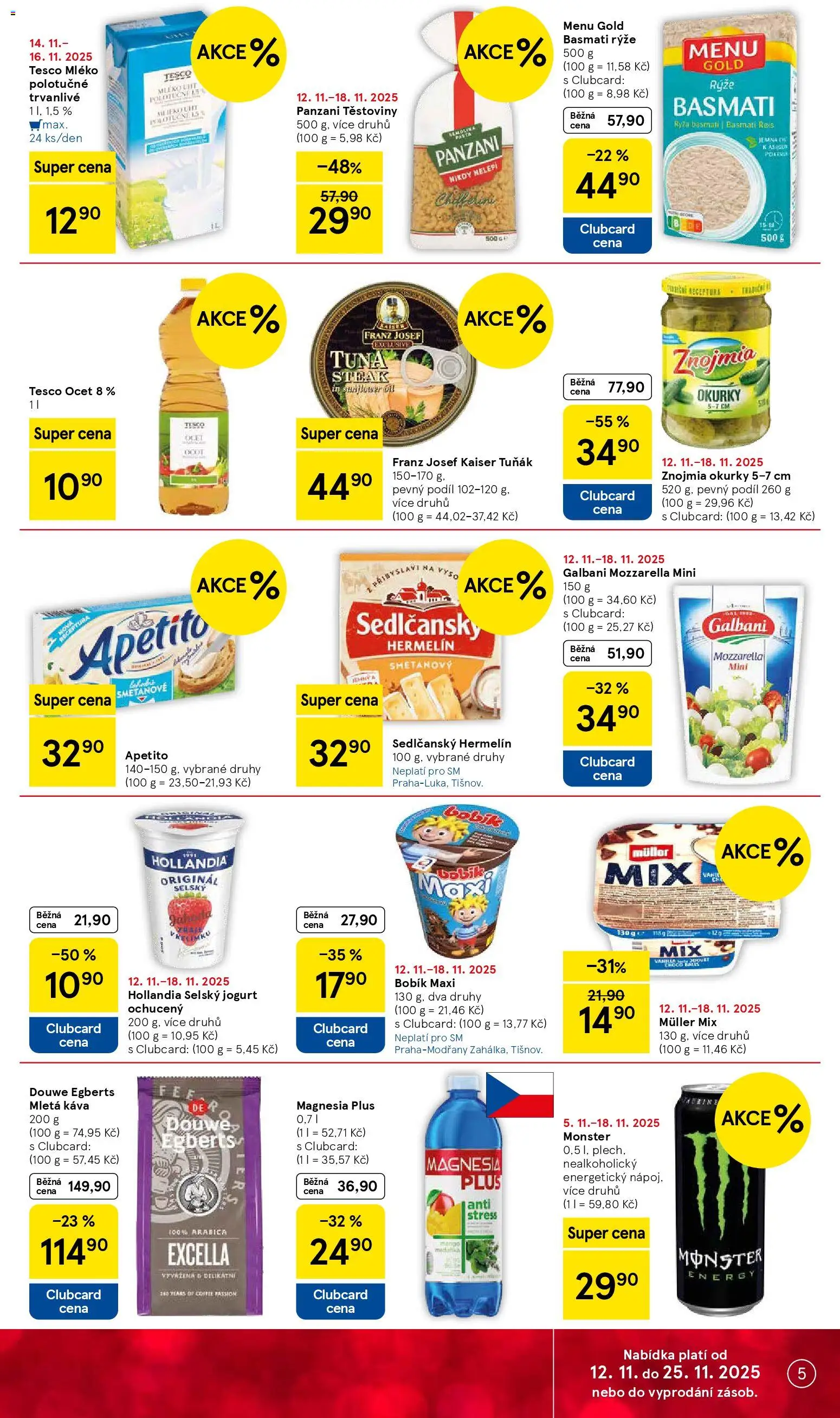 Tesco leták - Supermarket od 12.11.2025 | Strana: 5 | Produkty: Sedlčanský Hermelín, Káva, Těstoviny, Douwe Egberts
