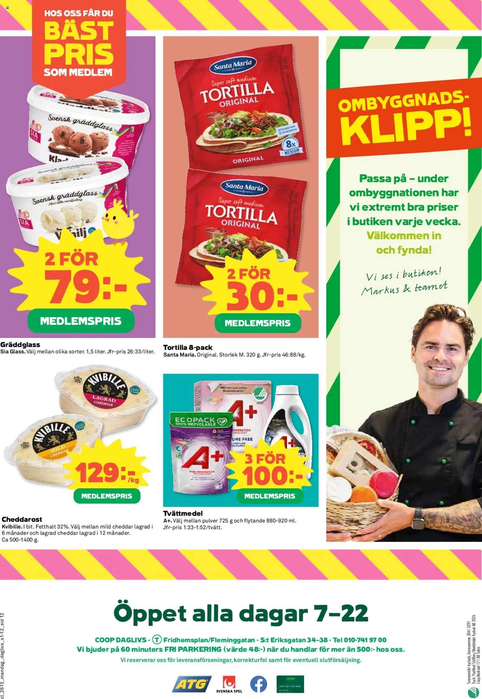 Coop Daglivs reklamblad aktuell från 23.03.2026 | Sida: 12 | Produkter: Tvättmedel, Tortilla, Cheddar, Spel