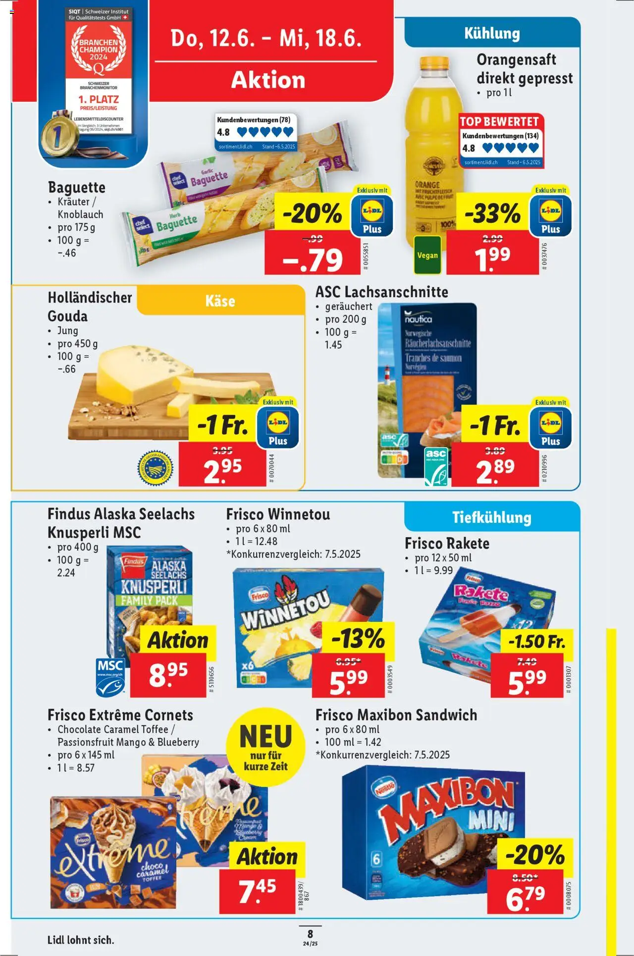 Lidl Aktionen ab 12.06.2025 | Seite: 8 | Produkte: Baguette, Orangensaft, Knoblauch, Mango