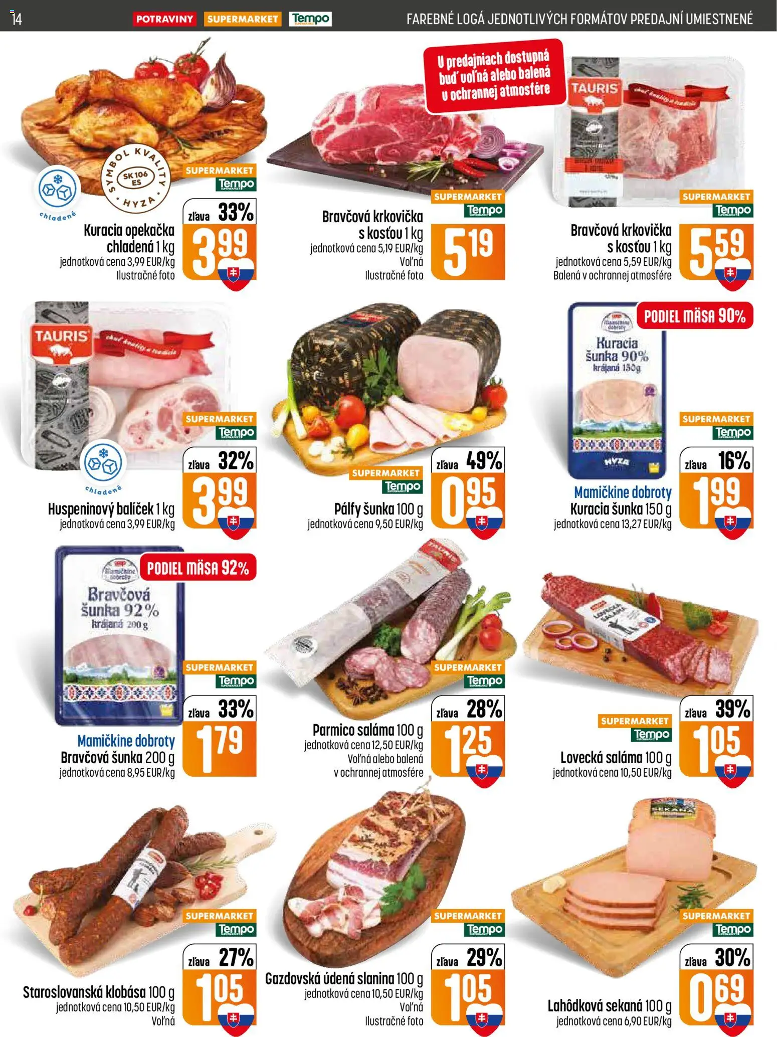 Nové COOP Jednota akcie – leták je platný od 19.02.2026 | Strana: 14 | Produkty: Šunka, Slanina, Klobása, Bravčová krkovička