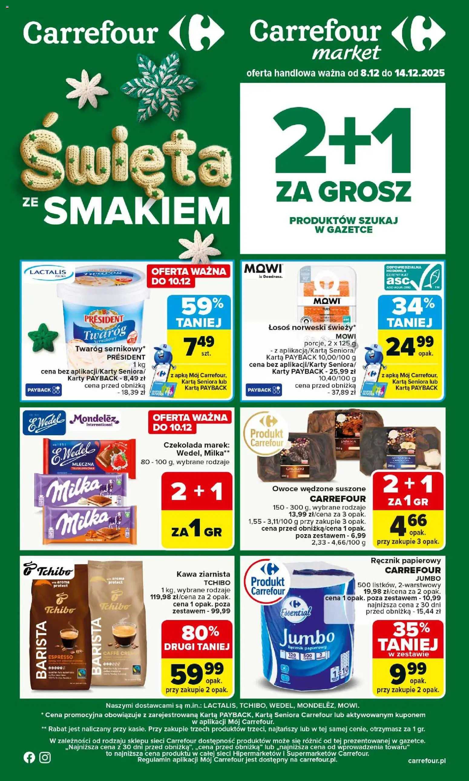 Carrefour Gazetka od 08.12.2025 | Strona: 1 | Produkty: Karta, Kawa ziarnista, Łosoś, Milka