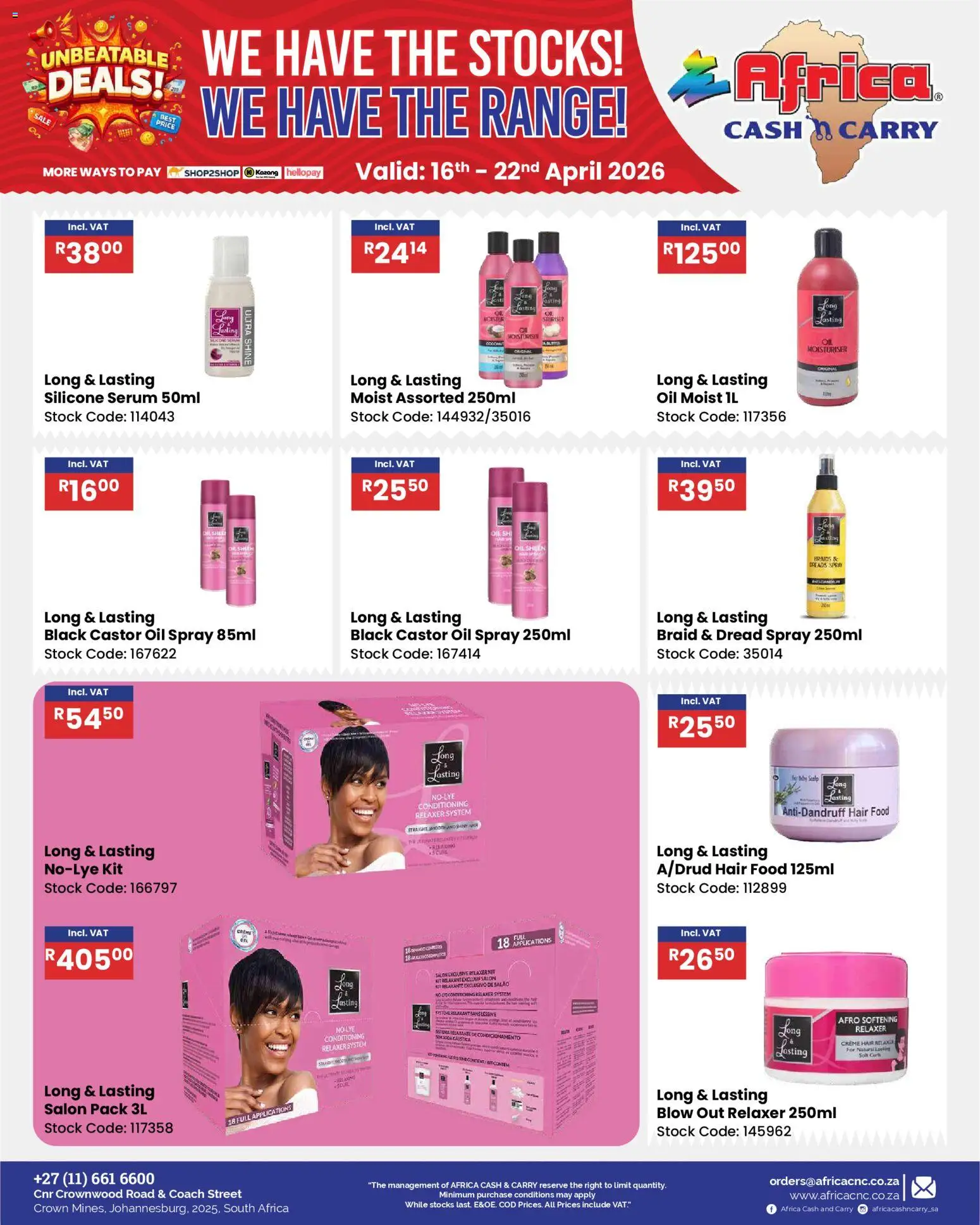 New Africa Cash & Carry catalogue – valid from 16.04.2026 | Page: 40 | Products: Braids, Oil, Stock, Salt