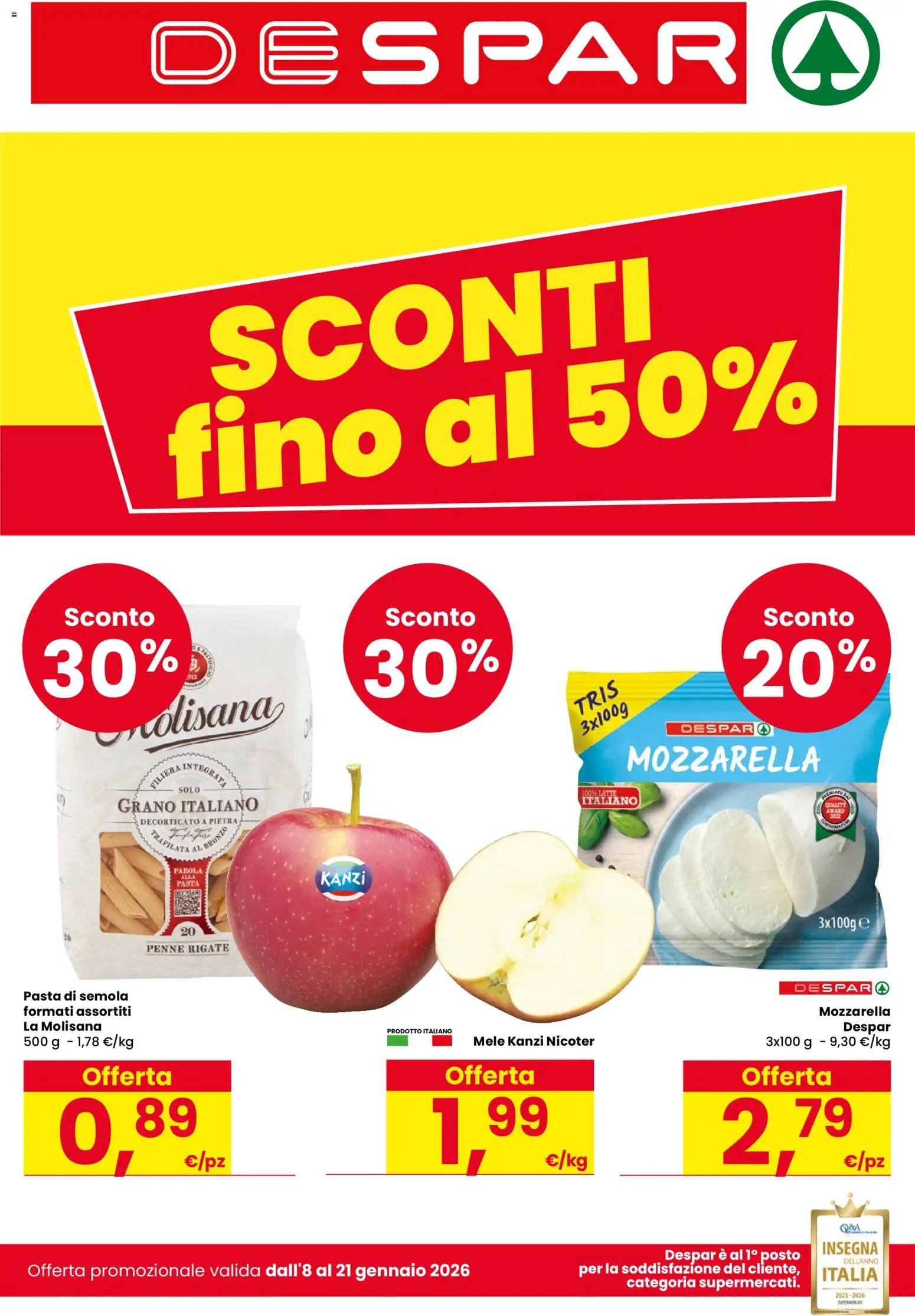 Volantino Despar del 08.01.2026 | Pagina: 1 | Prodotti: Mele, Mozzarella, Latte, Penne