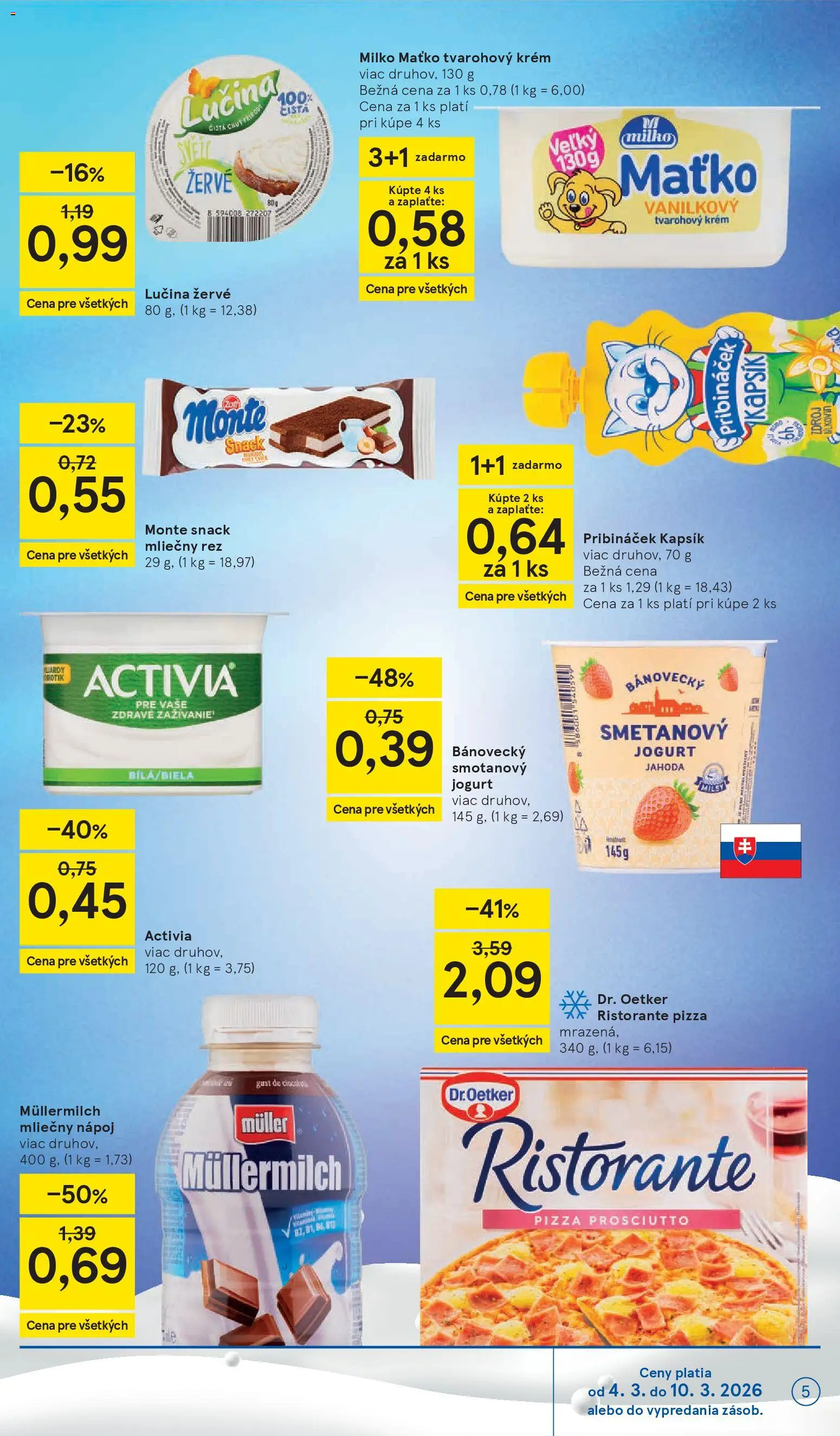 Nové Tesco akcie – leták je platný od 04.03.2026 | Strana: 5 | Produkty: Jogurt, Pizza, Krém