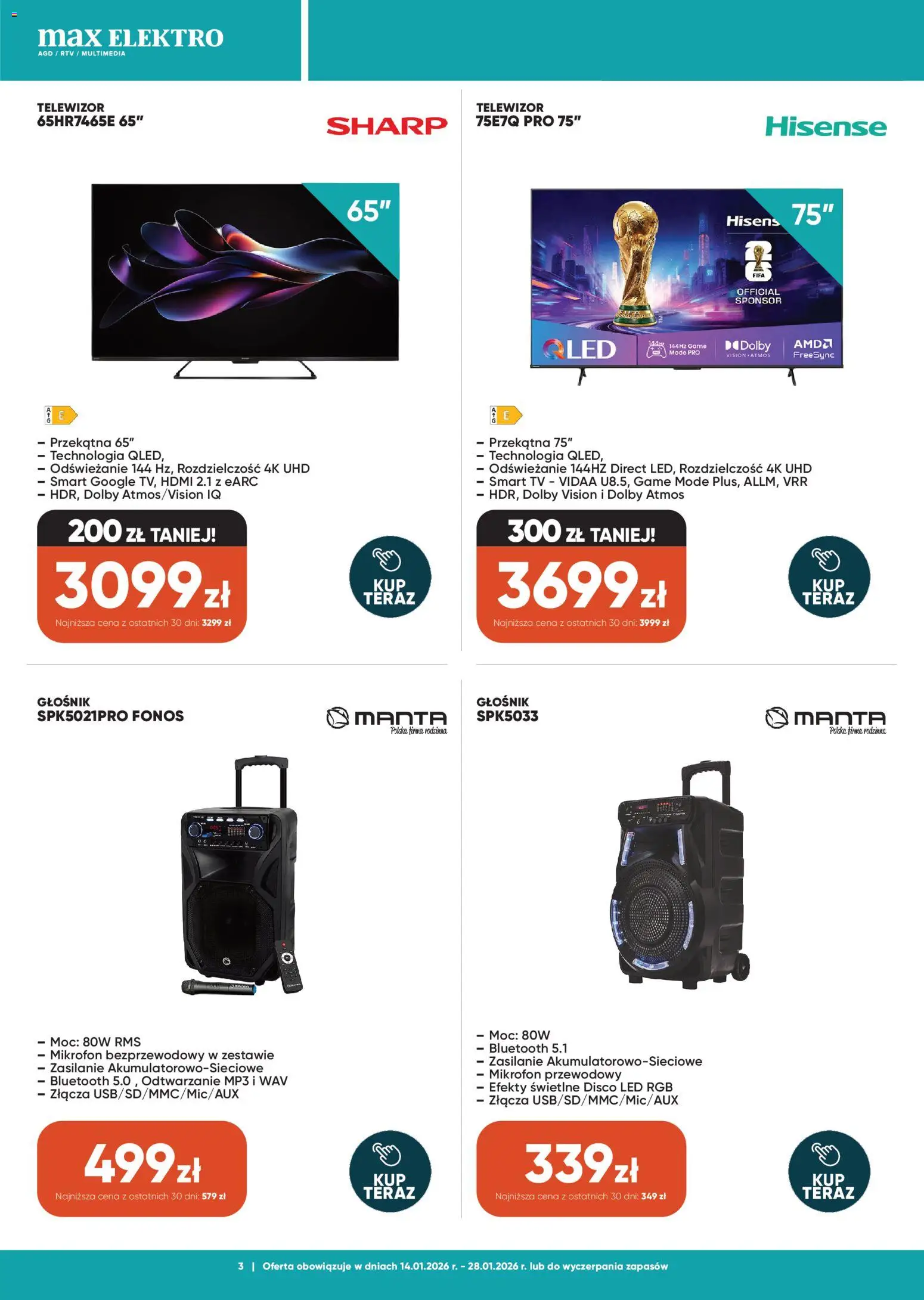 Max elektro Gazetka od 14.01.2026 | Strona: 3 | Produkty: Telewizor, MP3, Mikrofon, Głośnik