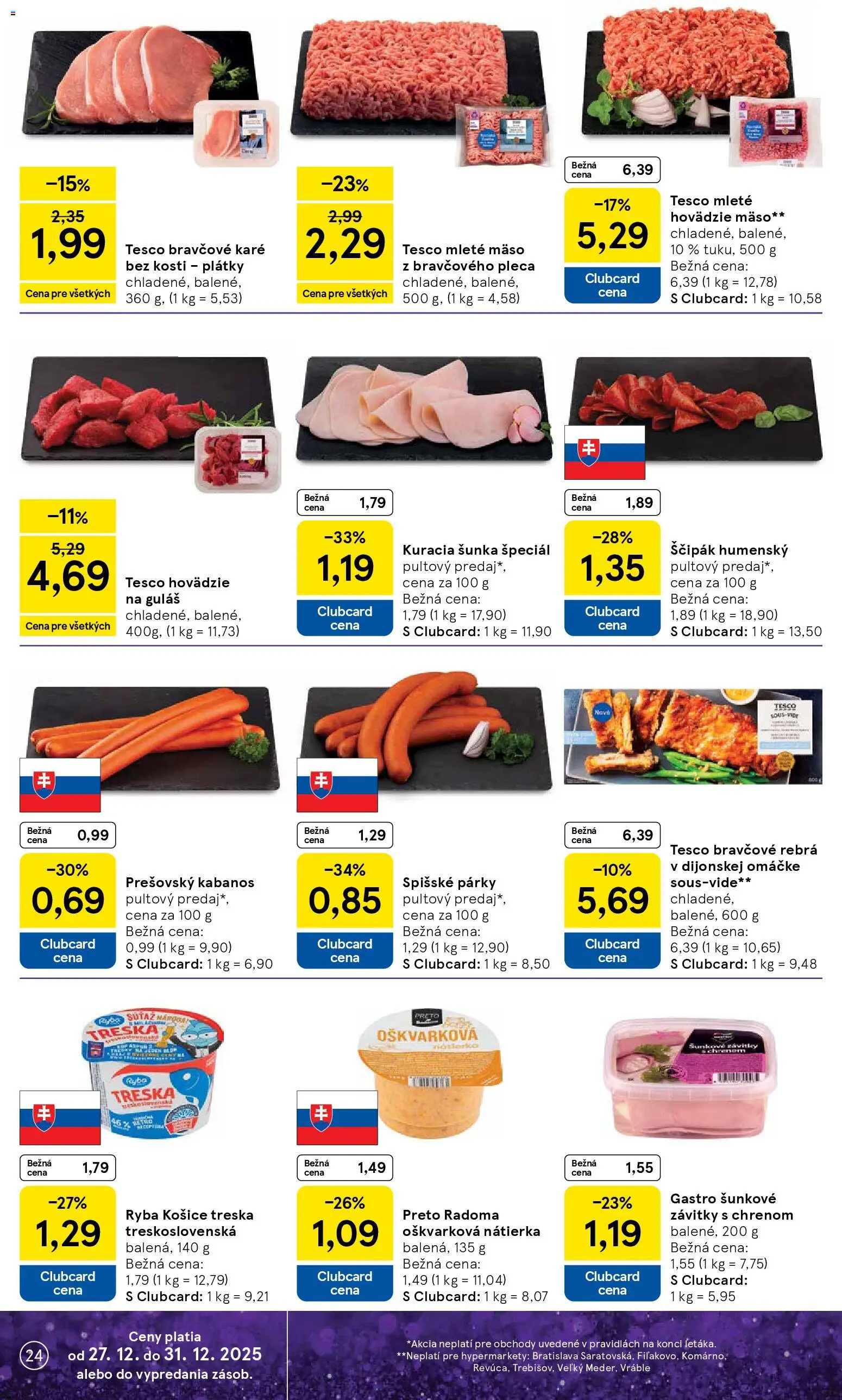 Nové Tesco akcie – leták je platný od 27.12.2025 | Strana: 24 | Produkty: Šunka, Ryba, Párky, Bravčové karé