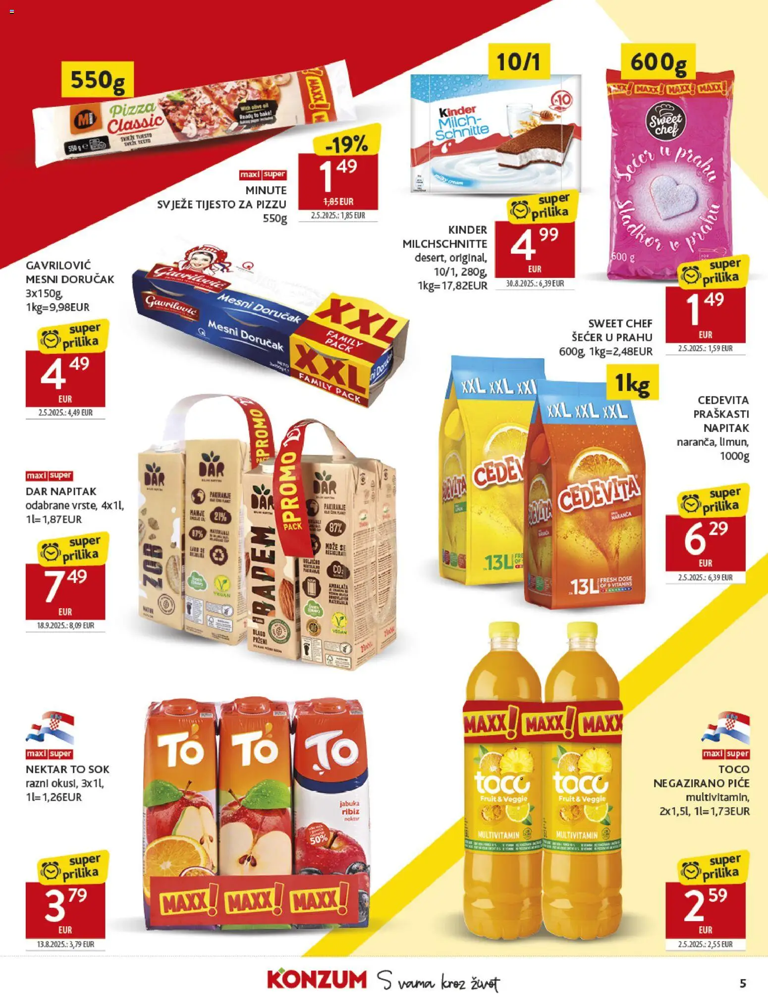 Konzum katalog | vrijedi od 29.10.2025 | Stranica: 5 | Proizvodi: Sok, Tijesto za pizzu, Jabuka, Šećer u prahu