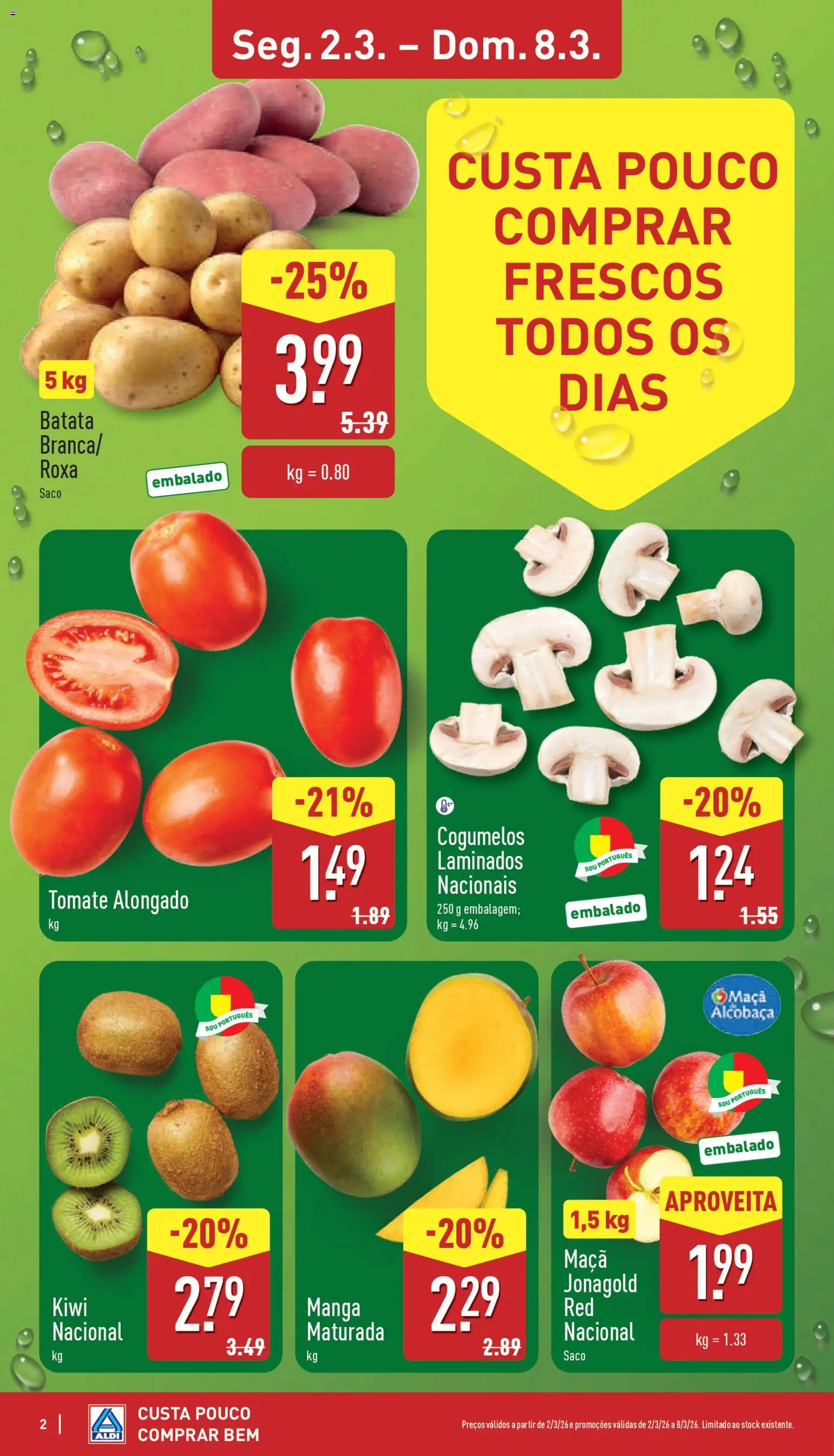 Aldi folheto │ válido de 02.03.2026 | Página: 2 | Produtos: Batata, Maça, Tomate, Cogumelos