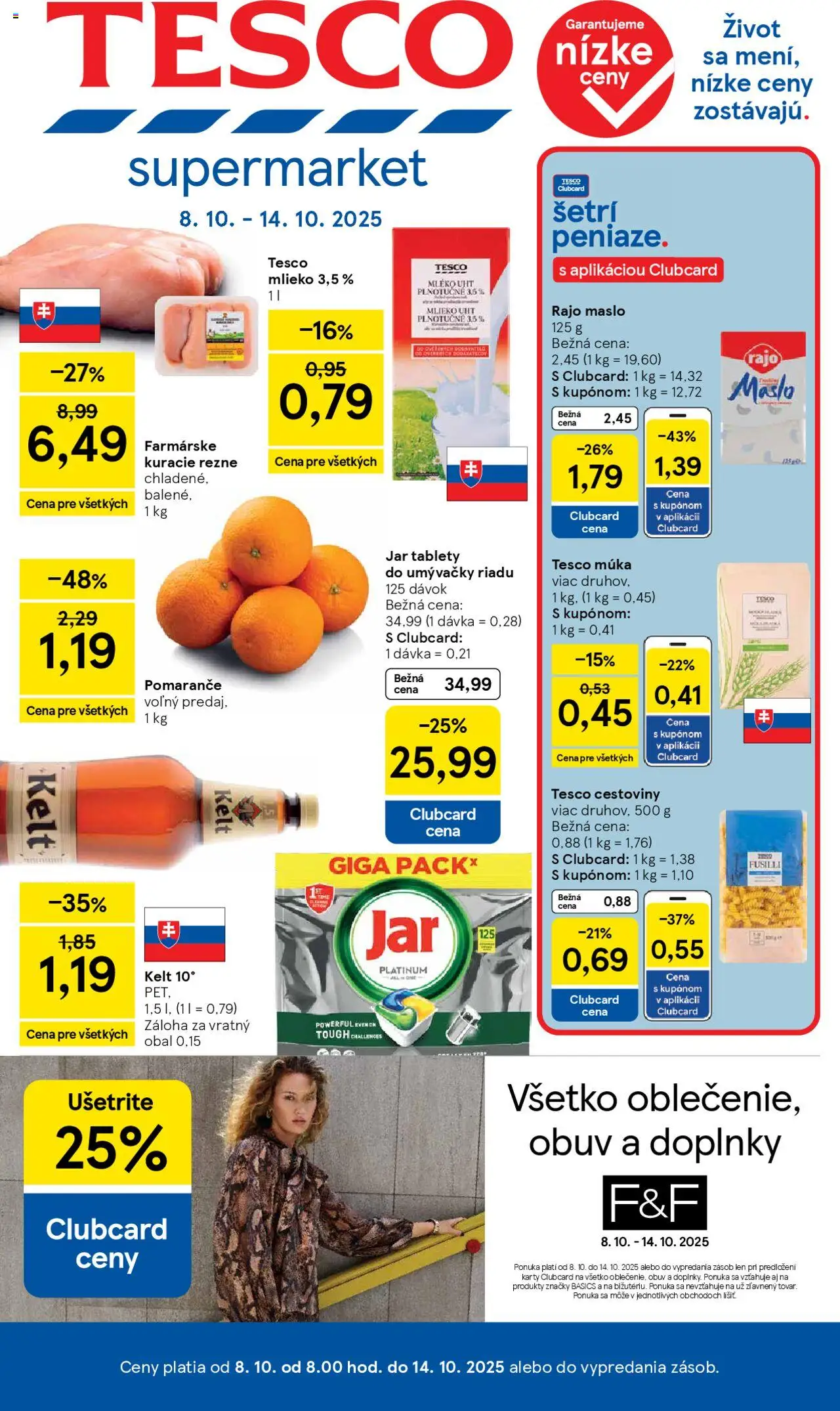 Nové Tesco akcie – leták je platný od 08.10.2025 | Strana: 1 | Produkty: Mlieko, Kelt, Kuracie rezne, Tablety do umývačky riadu